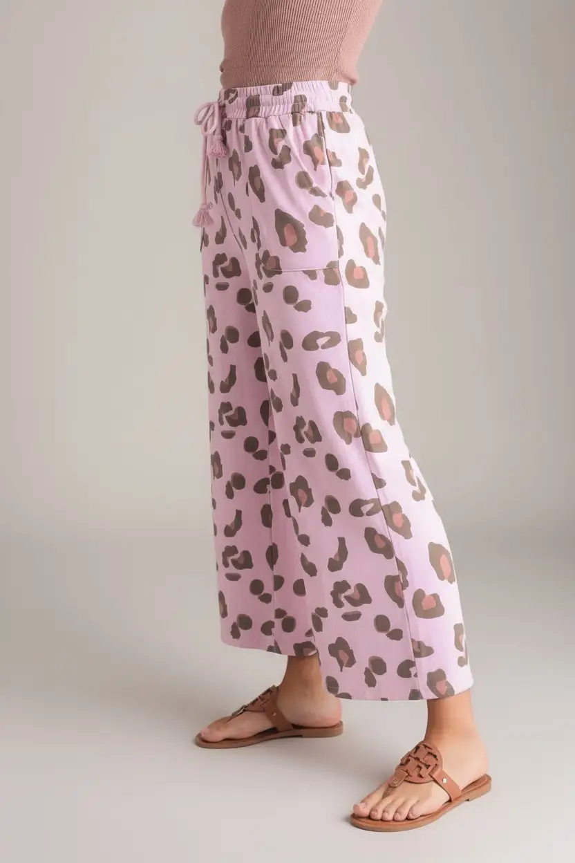 Grateful Threads Boutique Pink Drawstring Leopard Print Patch Pocket Loose Pants - Pants Pink Drawstring Leopard Print Patch Pocket Loose Pants