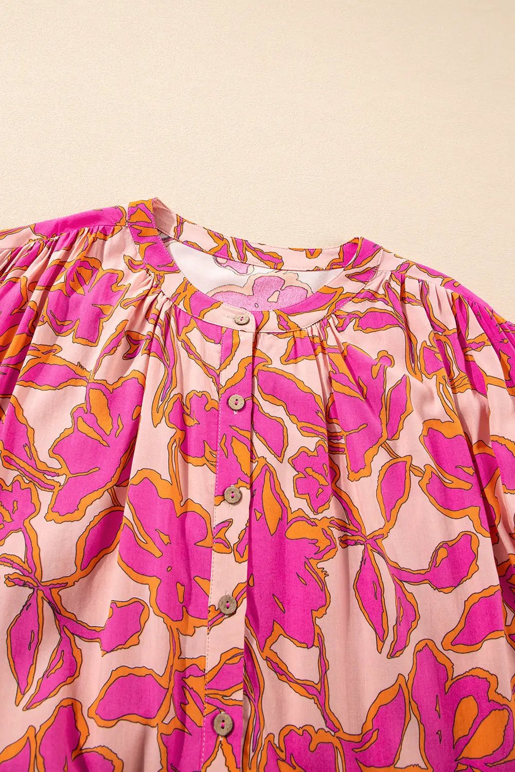 Grateful Threads Boutique Pink & Orange Floral Batwing Sleeve Button-Up Loose Fit Blouse - Blouses pink floral batwing sleeve blouse
