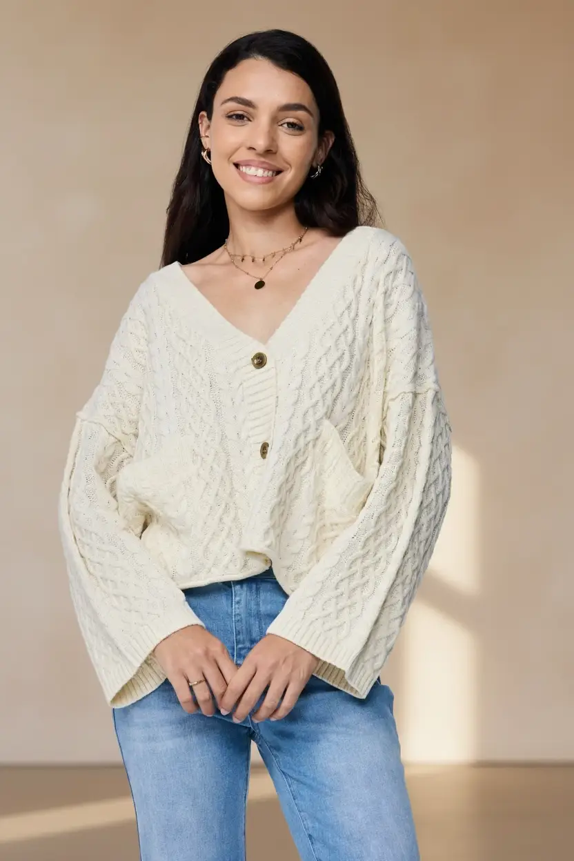 Lovesoft Lovesoft - 100% Acrylic Relaxed Cozy Cable Knit Cardigan - Apricot - Cardigans