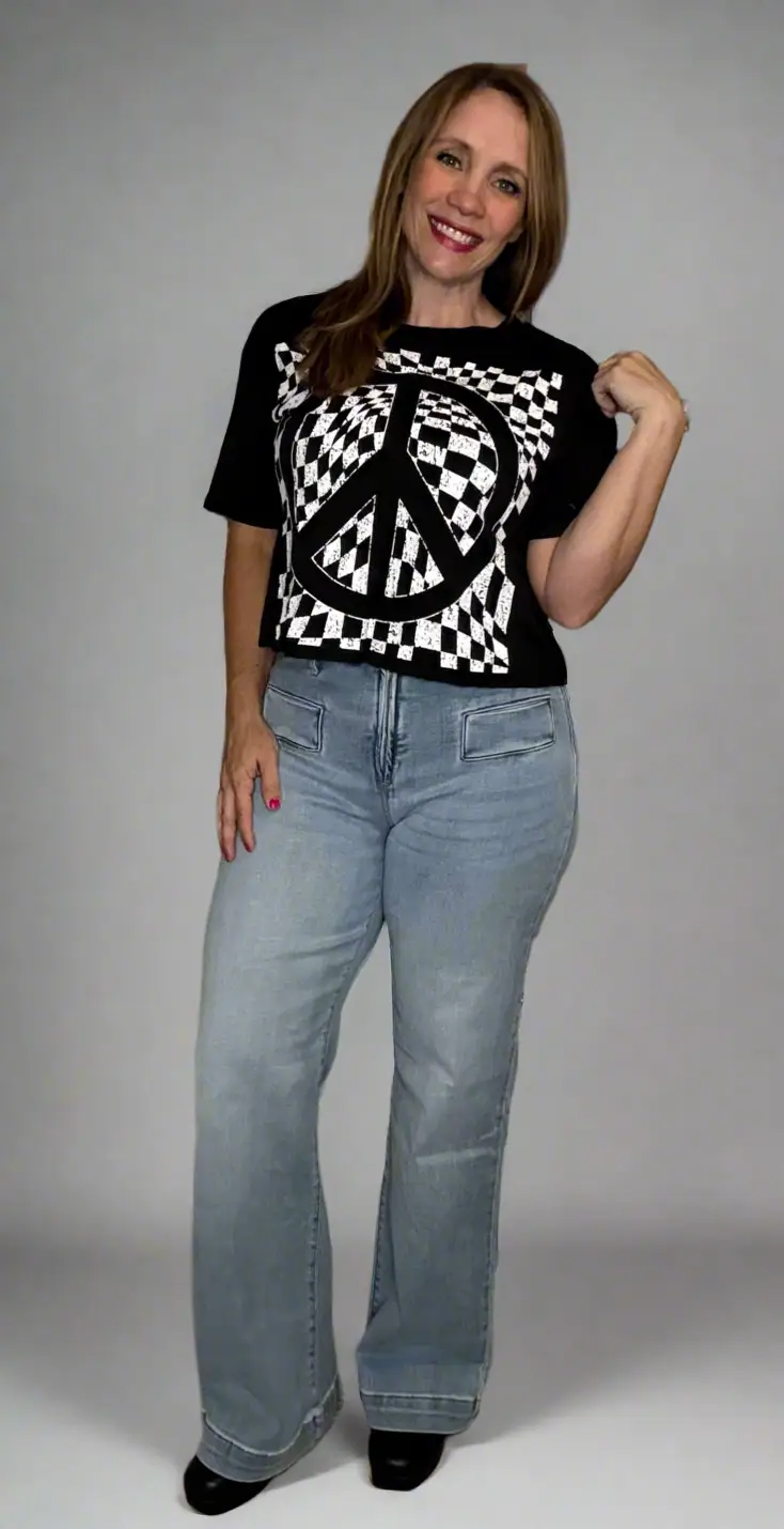 Grateful Threads Boutique Black & White Checkered Graphic Peace Sign Cropped Tee - T-Shirts Peace T Shirt