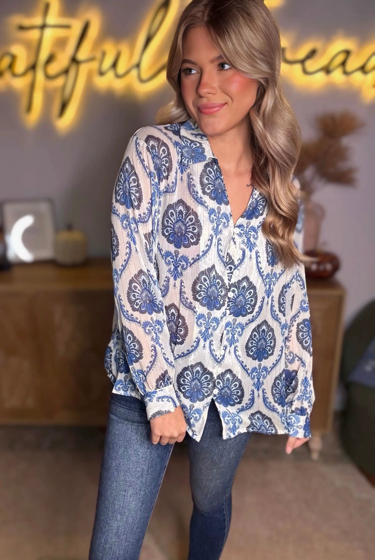 Grateful Threads Boutique Indigo Medallion Boho Button-Down Blouse - Blouses Blue Tribal Pattern Buttoned Front Loose Shirt