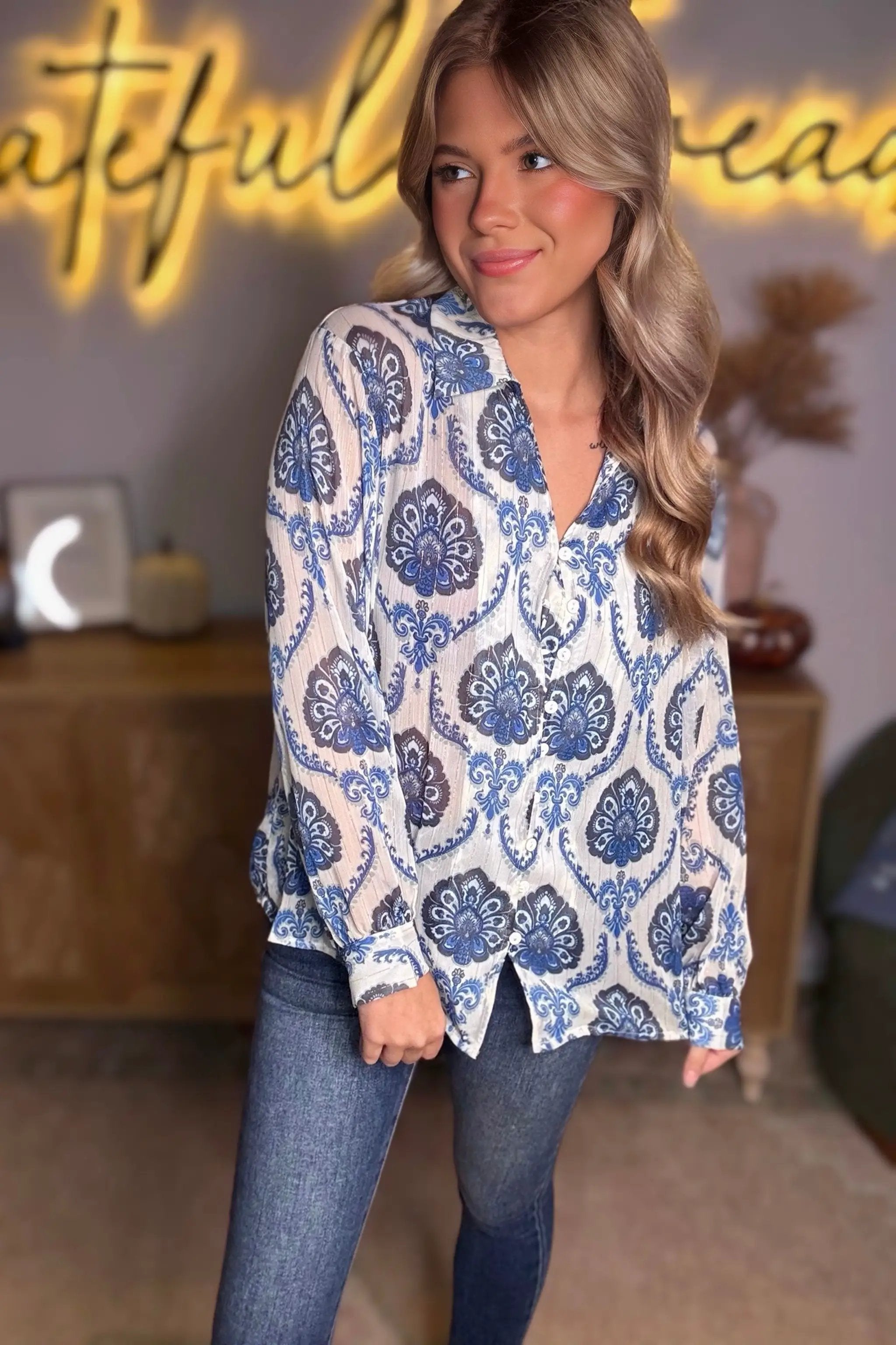 Grateful Threads Boutique Indigo Medallion Boho Button-Down Blouse - Blouses Blue Tribal Pattern Buttoned Front Loose Shirt