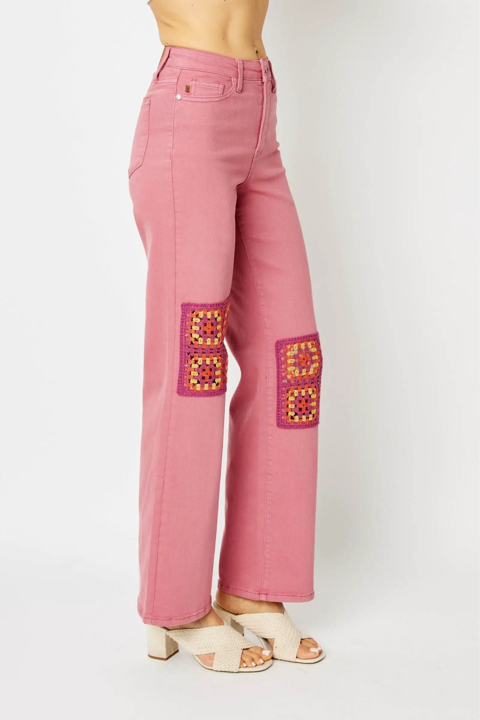 Grateful Threads Boutique Judy Blue High Waisted Dyed Crochet Patches Wide Dusty Rose Jeans - Jeans Judy Blue High Waisted Dyed Crochet Patches Wide Dusty Rose Jeans