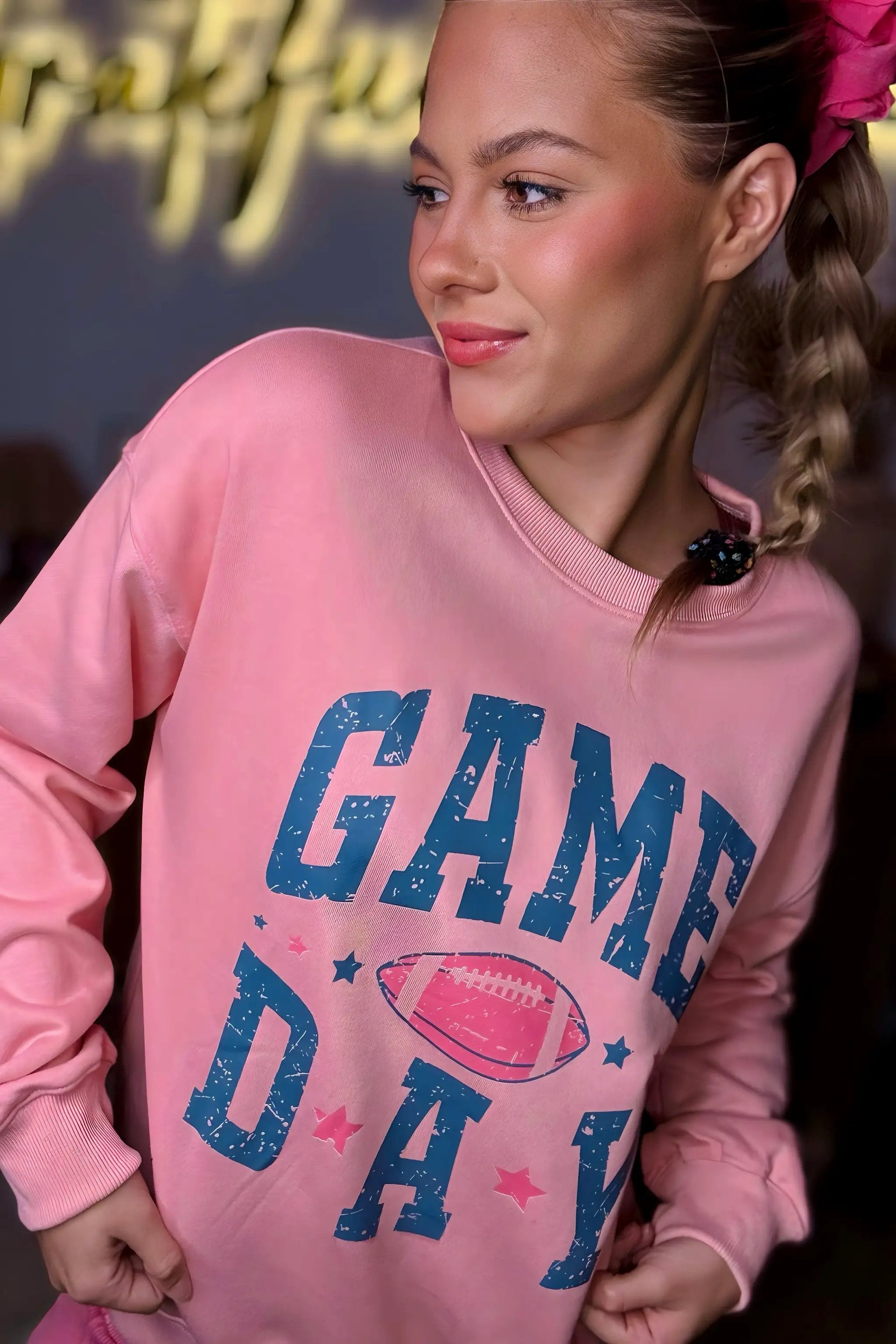 Grateful Threads Boutique Pink Football GAME DAY Graphic Drop Shoulder Sweatshirt - Sweatshirts Pink Rugby Football GAME DAY Graphic Drop Shoulder Sweatshirt