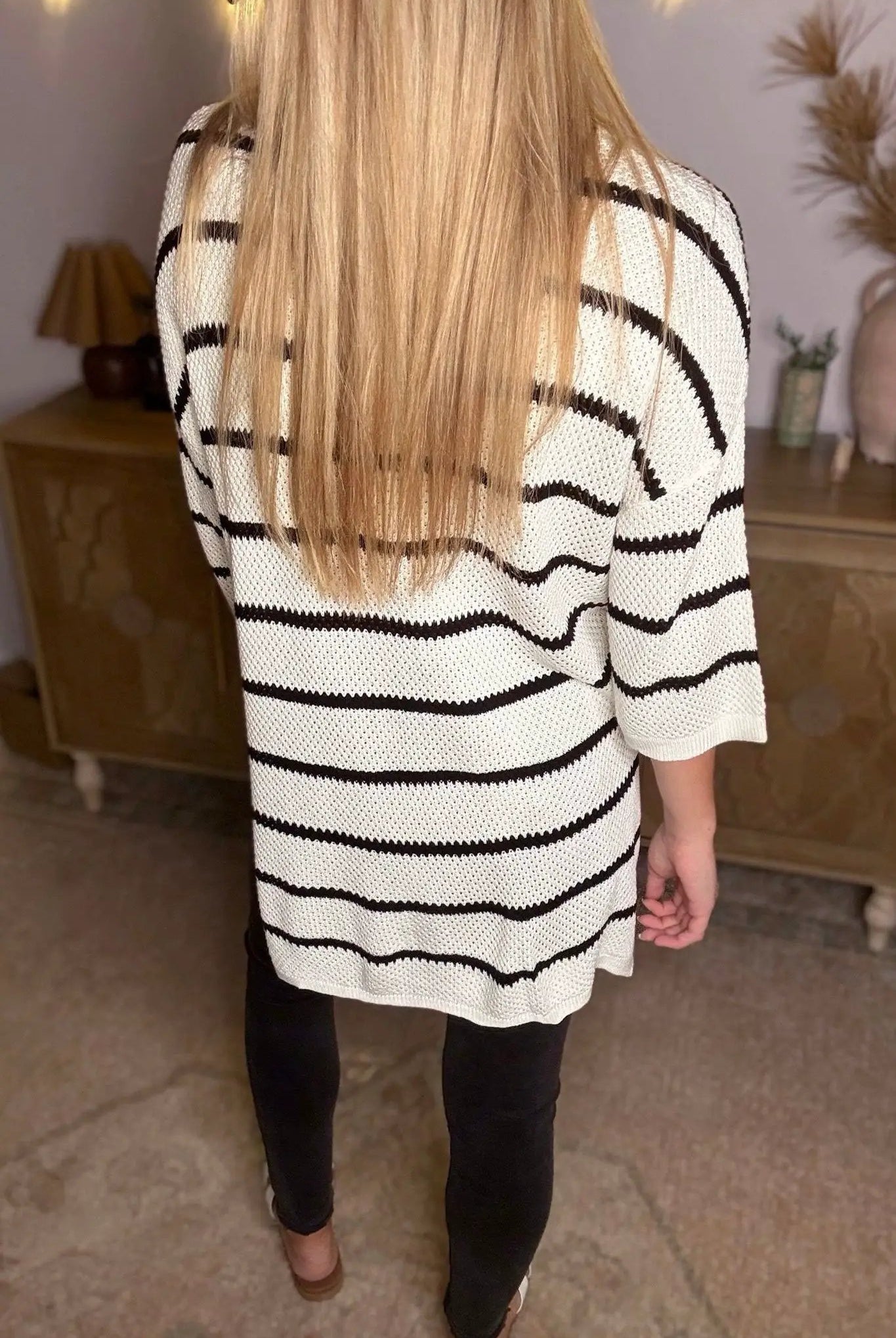Grateful Threads Boutique White Stripe Henley Buttoned Placket Drop Shoulder Bracelet Sleeve Knit Sweater Tee - Sweaters White Stripe Henley Buttoned Placket Drop Shoulder Bracelet Sleeve Knit Sweater Tee