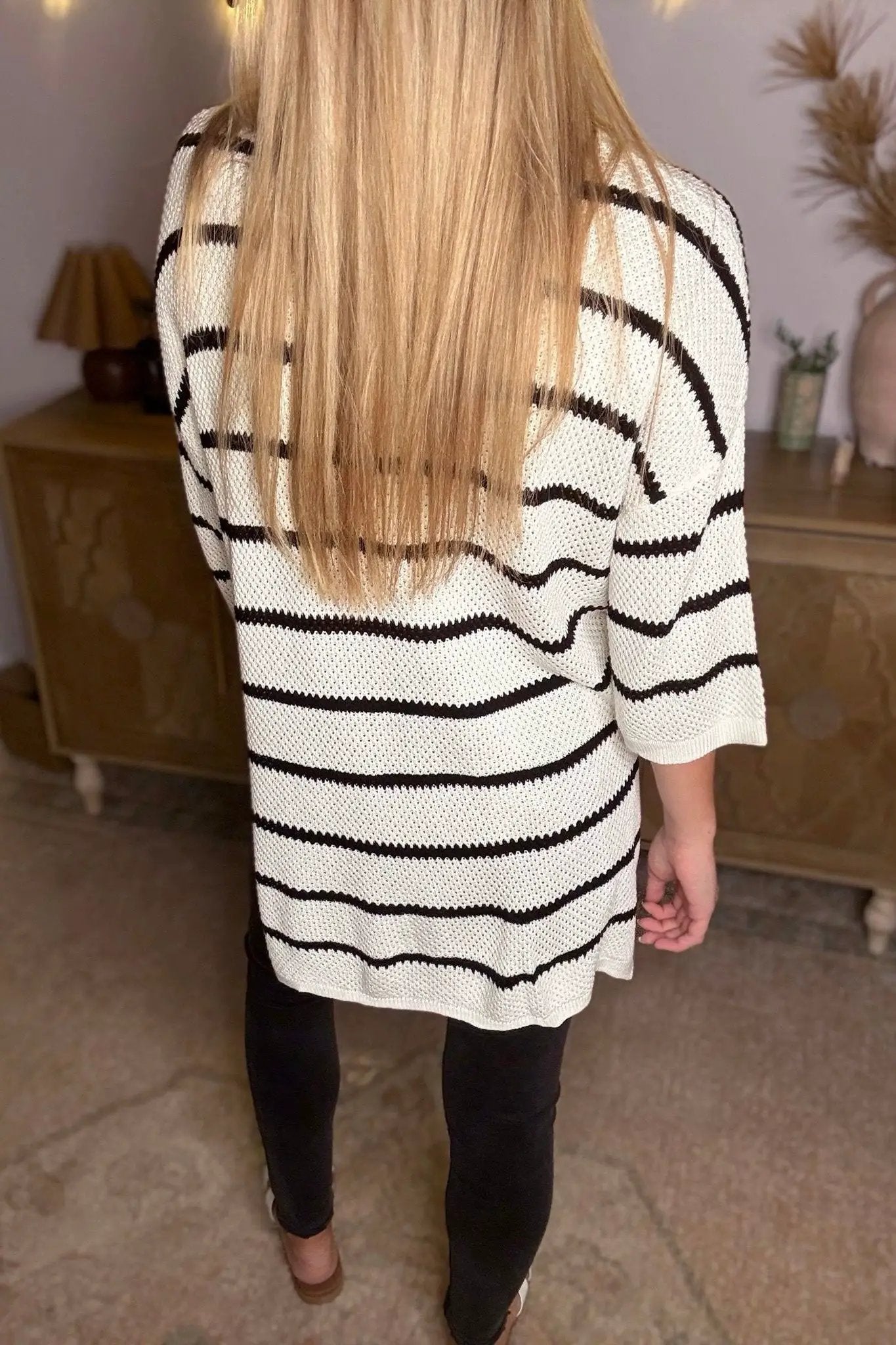 Grateful Threads Boutique White Stripe Henley Buttoned Placket Drop Shoulder Bracelet Sleeve Knit Sweater Tee - Sweaters White Stripe Henley Buttoned Placket Drop Shoulder Bracelet Sleeve Knit Sweater Tee