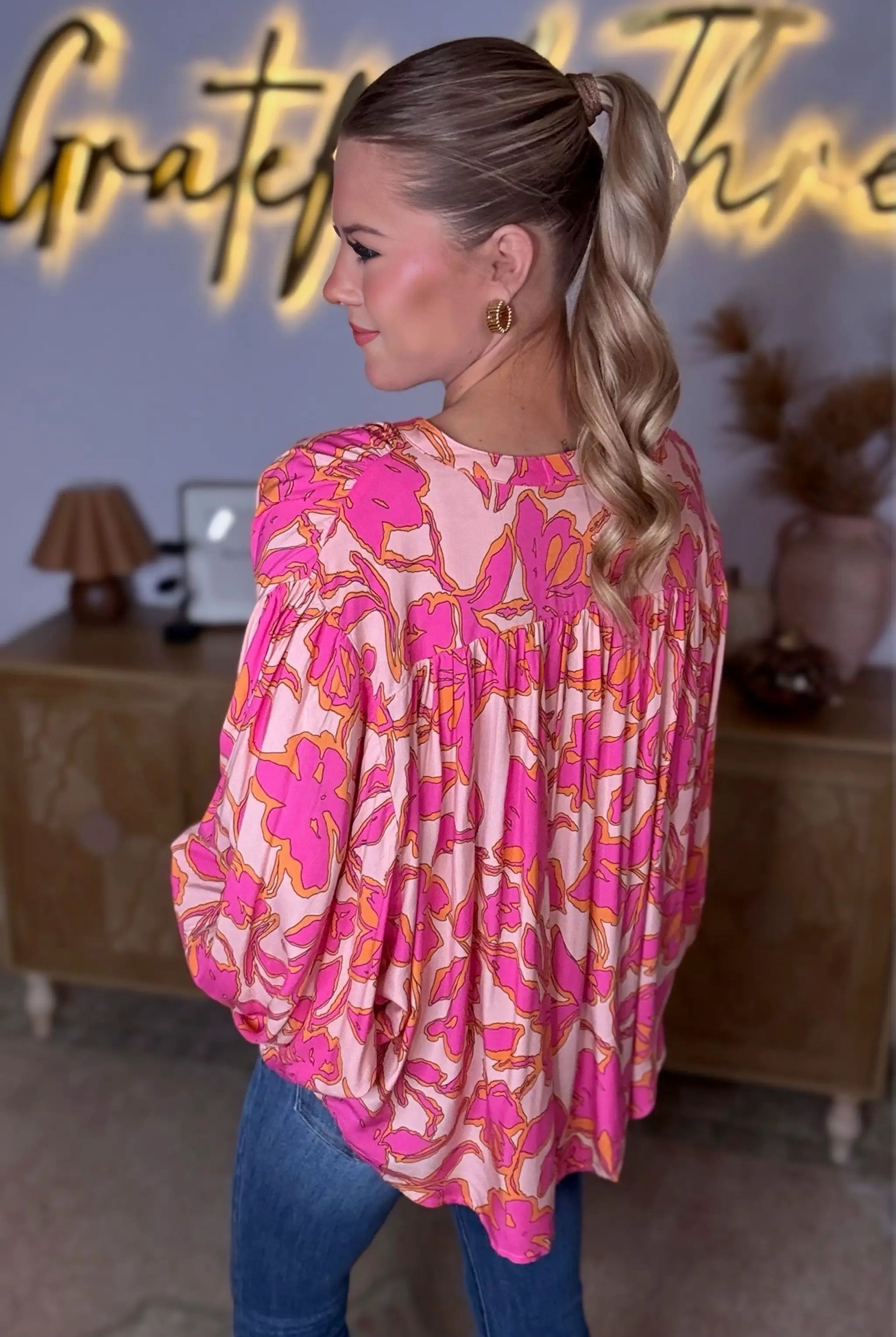 Grateful Threads Boutique Pink & Orange Floral Batwing Sleeve Button-Up Loose Fit Blouse - Blouses pink floral batwing sleeve blouse