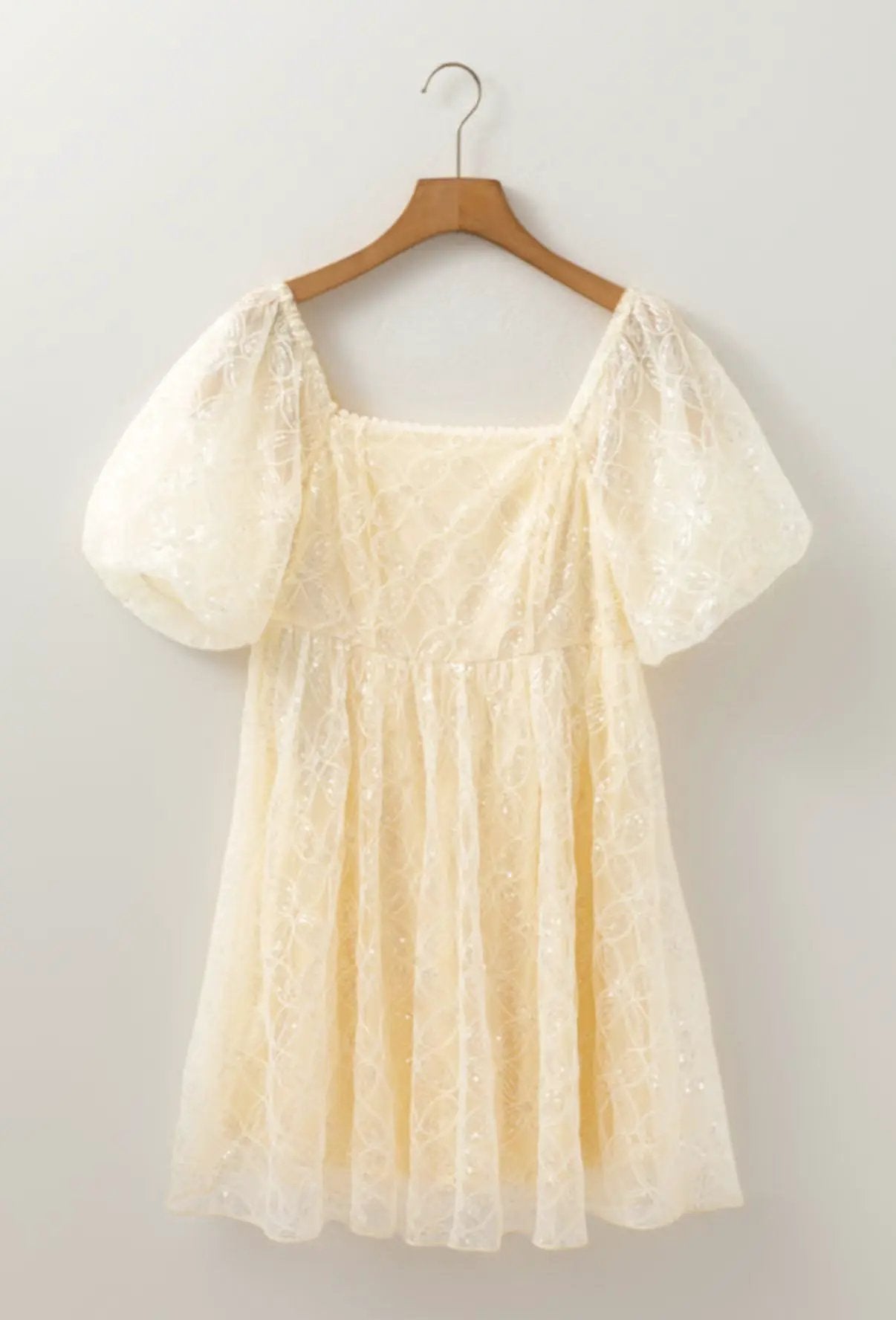 Grateful Threads Boutique Golden Hour Glam Sequin Lace Dress - Dresses Apricot Sequined Lace Mesh Bubble Sleeve Square Neck Dress