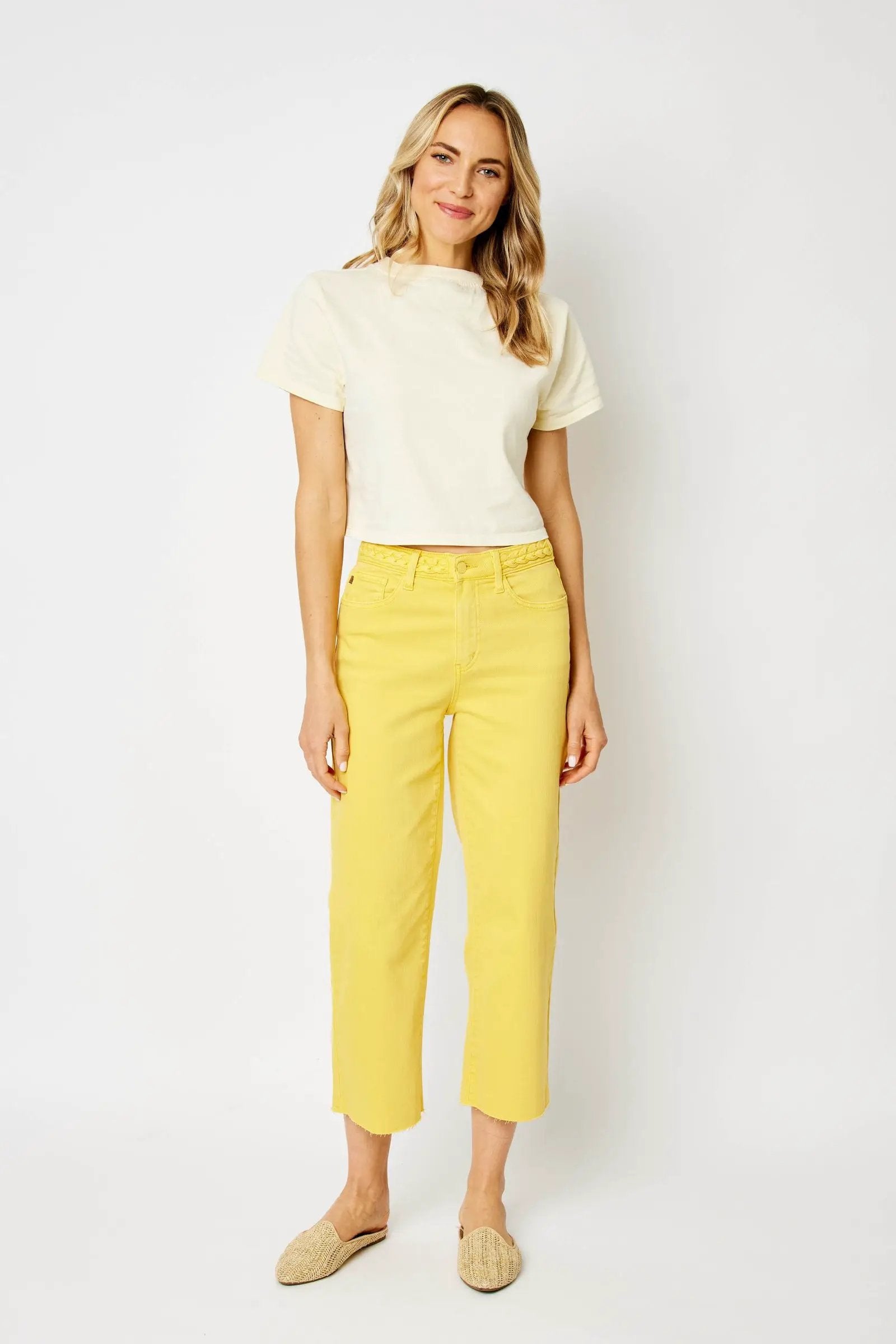 Judy Blue The Braided Waist Band Yellow Cropped Wide Leg Jeans - Jeans Judy Blue High Waisted Yellow Garment Dyed Braided Waist Band Cropped Wide Leg Denim Jeans