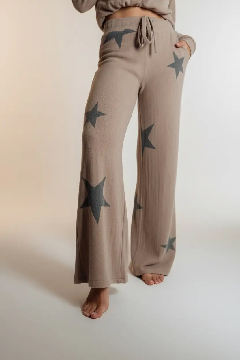 Grateful Threads Boutique Khaki Retro Star Print Wide Leg Lounge Set - Outfit Sets star print wide leg lounge set