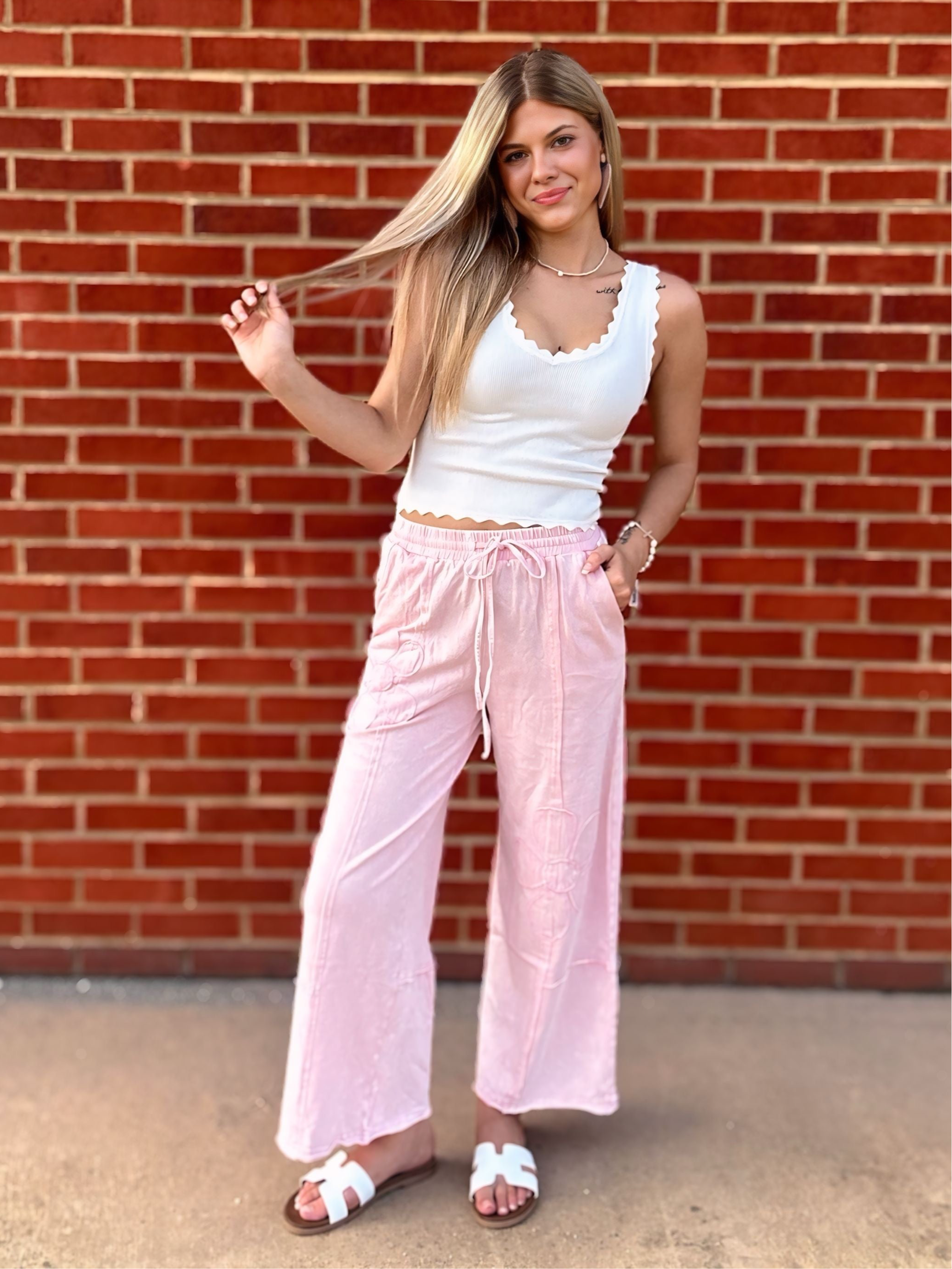 Grateful Threads Boutique Pink Flower Patch Mineral Washed Terry Knit Cropped Wide Leg Pants - Loungewear Bottoms Pink Flower Patch Mineral Washed Terry Knit Cropped Wide Leg Pants