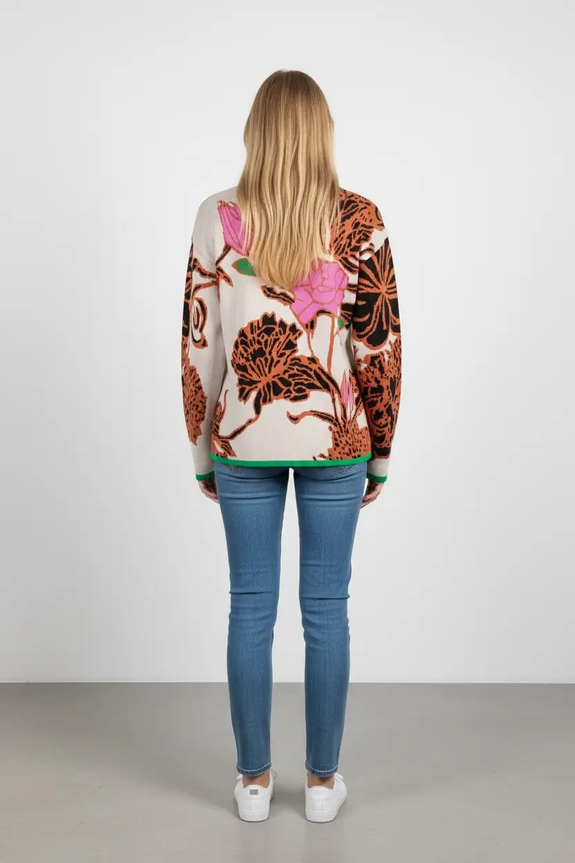 Grateful Threads Boutique Khaki Contrast Trim Floral Pattern Knit Quarter Zip Stand Neck Sweater - Sweaters Khaki Contrast Trim Floral Pattern Knit Quarter Zip Stand Neck Sweater