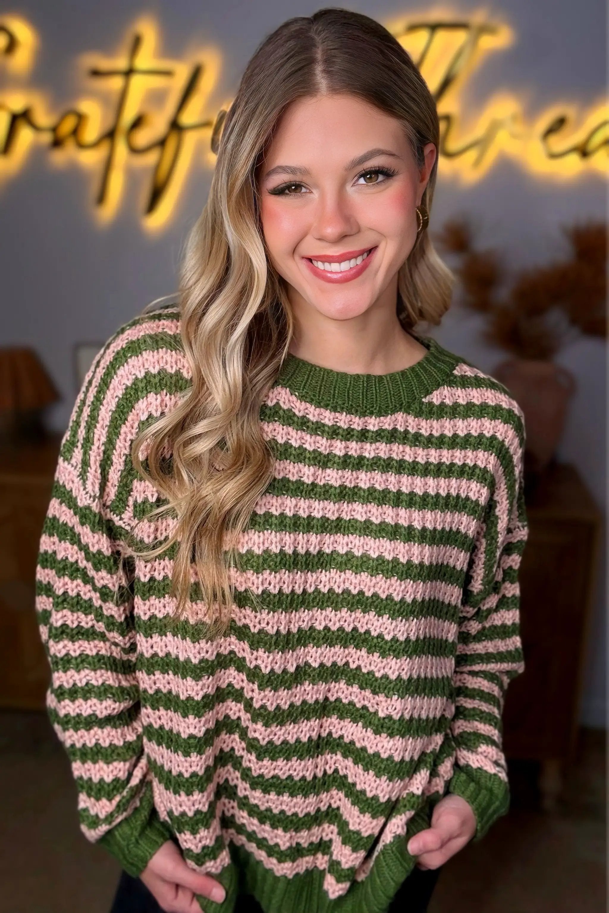 Hayden LA Hayden LA - Womens Striped Drop Shoulder Low Gauge Sweater: Olive & Pink Mix - Sweaters
