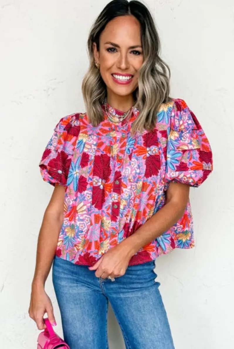 Grateful Threads Boutique Tropical Tango Bubble Sleeve Button-Up Pleated Top - Blouses