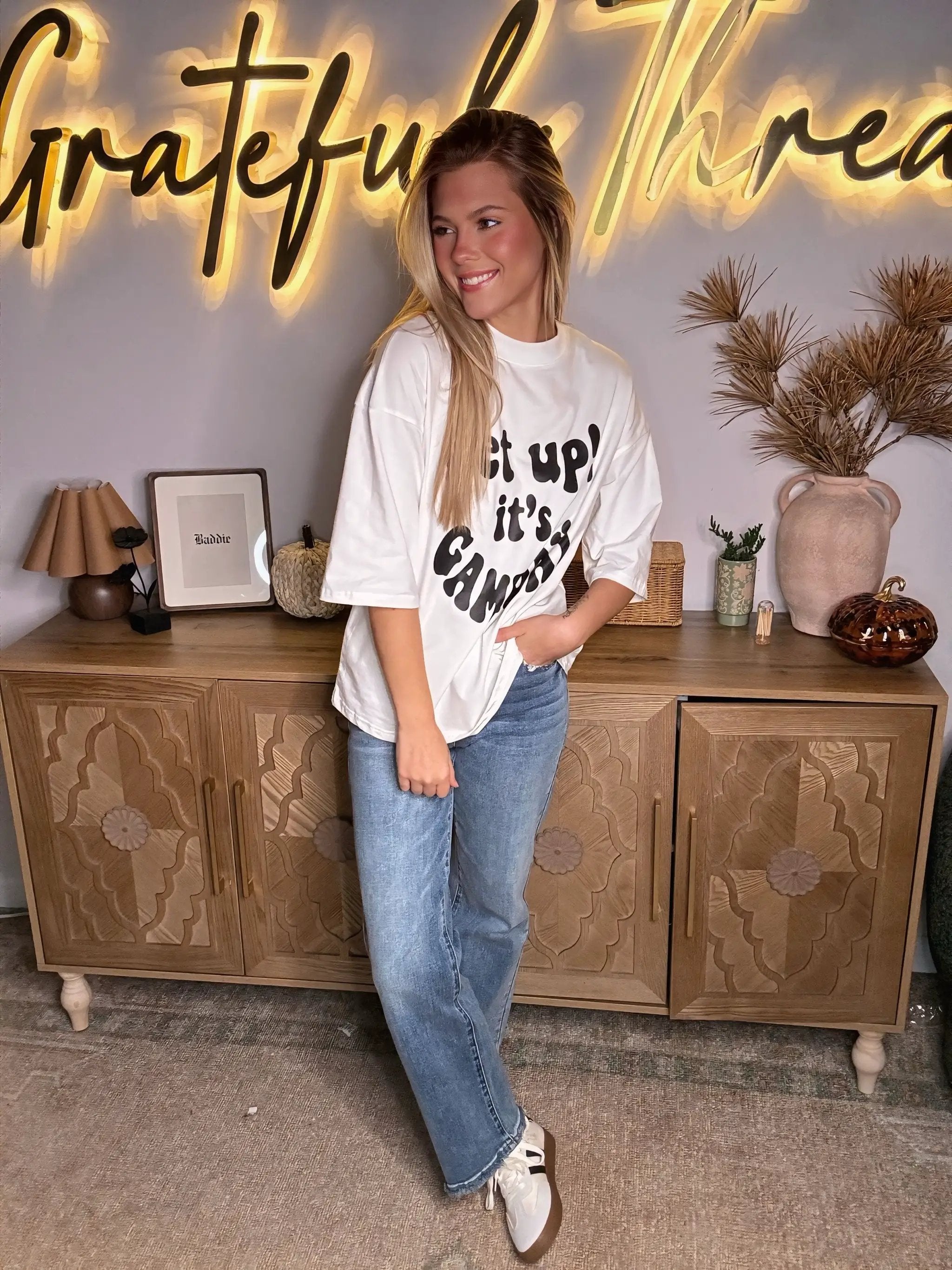 Grateful Threads Boutique White Get Up & Game Day Tee - T-Shirts Beige GAME DAY Slogan Printed Oversize T Shirt