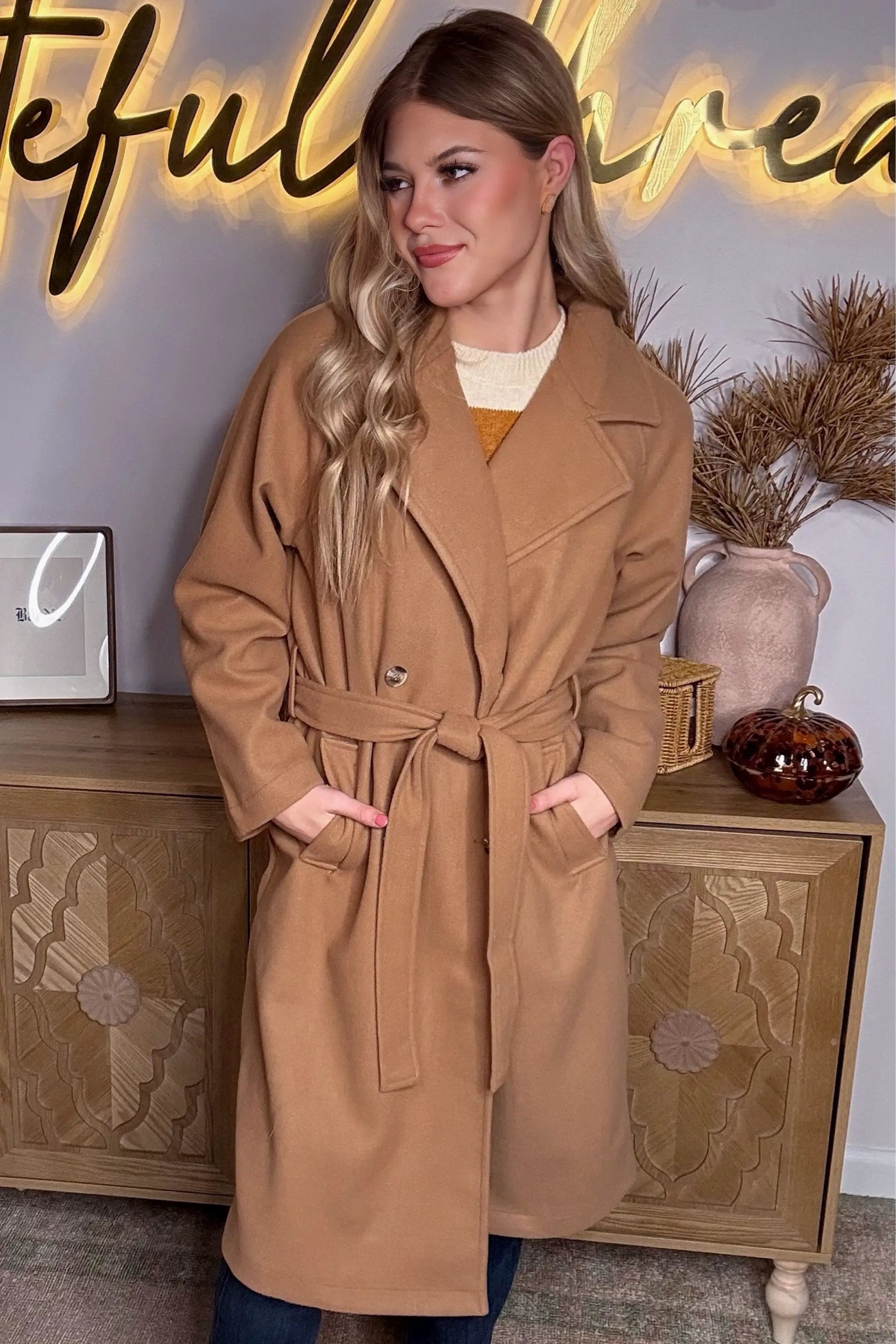 Active Basic | Active USA Active Basic | Active USA - Long Sleeve Double Breasted Button Soft Felt Trench Coat in Camel - Trench Coats Long Sleeve Double Breasted Button Soft Felt Trench Coat