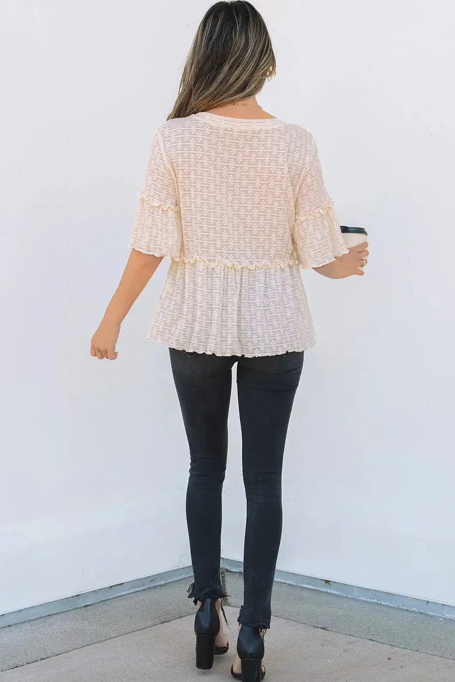 Grateful Threads Boutique Beige Lace Ruffled Peplum Blouse – Feminine, Flirty & Versatile - Blouses