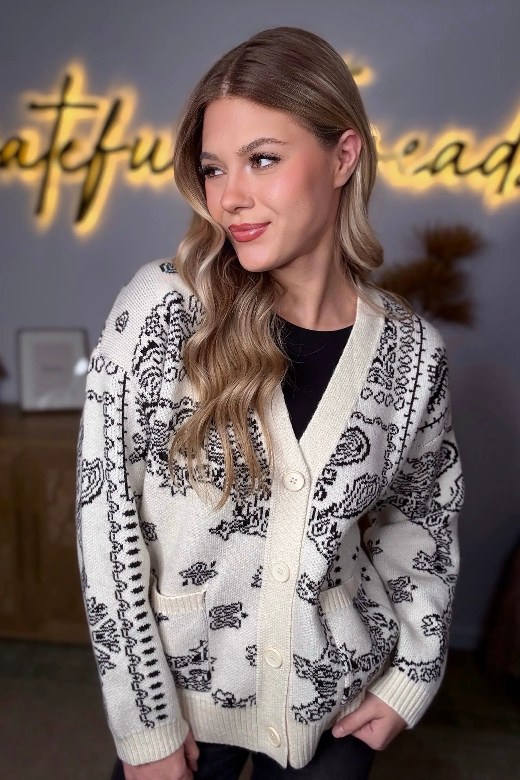 Grateful Threads Boutique Cream & Black Chunky Bandana Knit Oversized Cardigan - Cardigans
