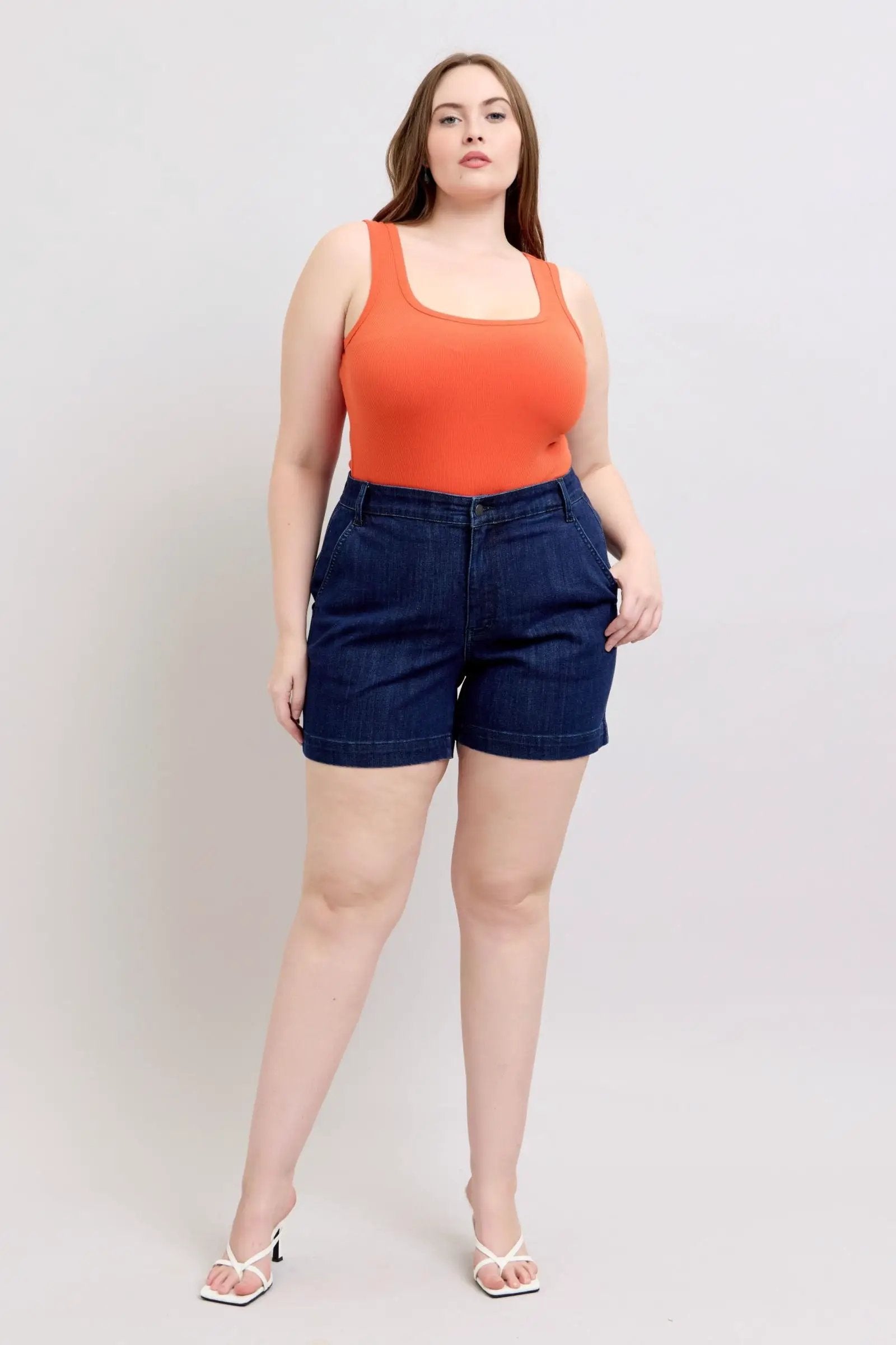 Judy Blue The High Waist Tummy Control Dark Denim Trouser Shorts: CURVY - Shorts