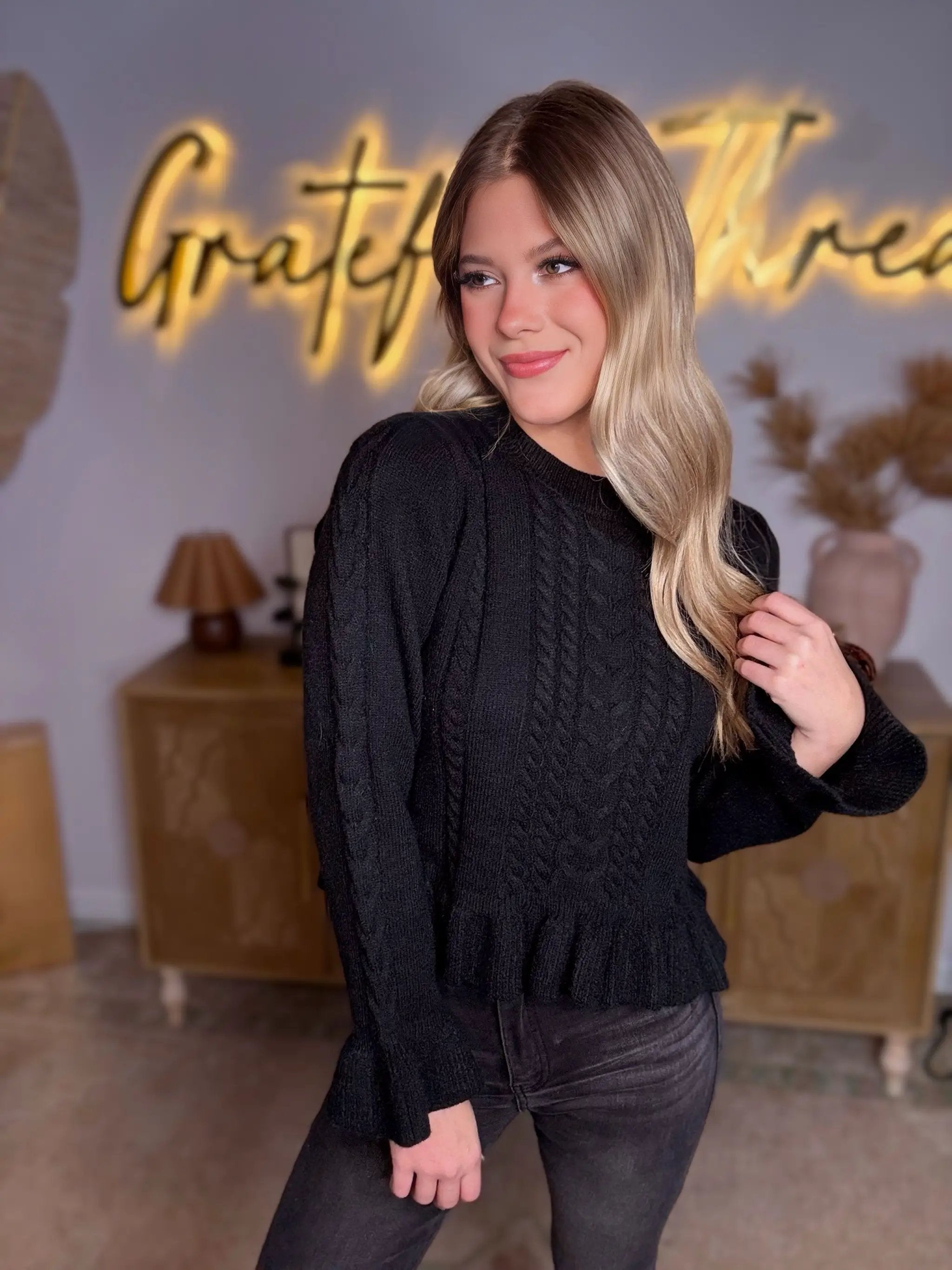 Grace & Emma Sweet Serenity Black Ruffle Hem Peplum Sweater - Sweaters black ruffle hem sweater