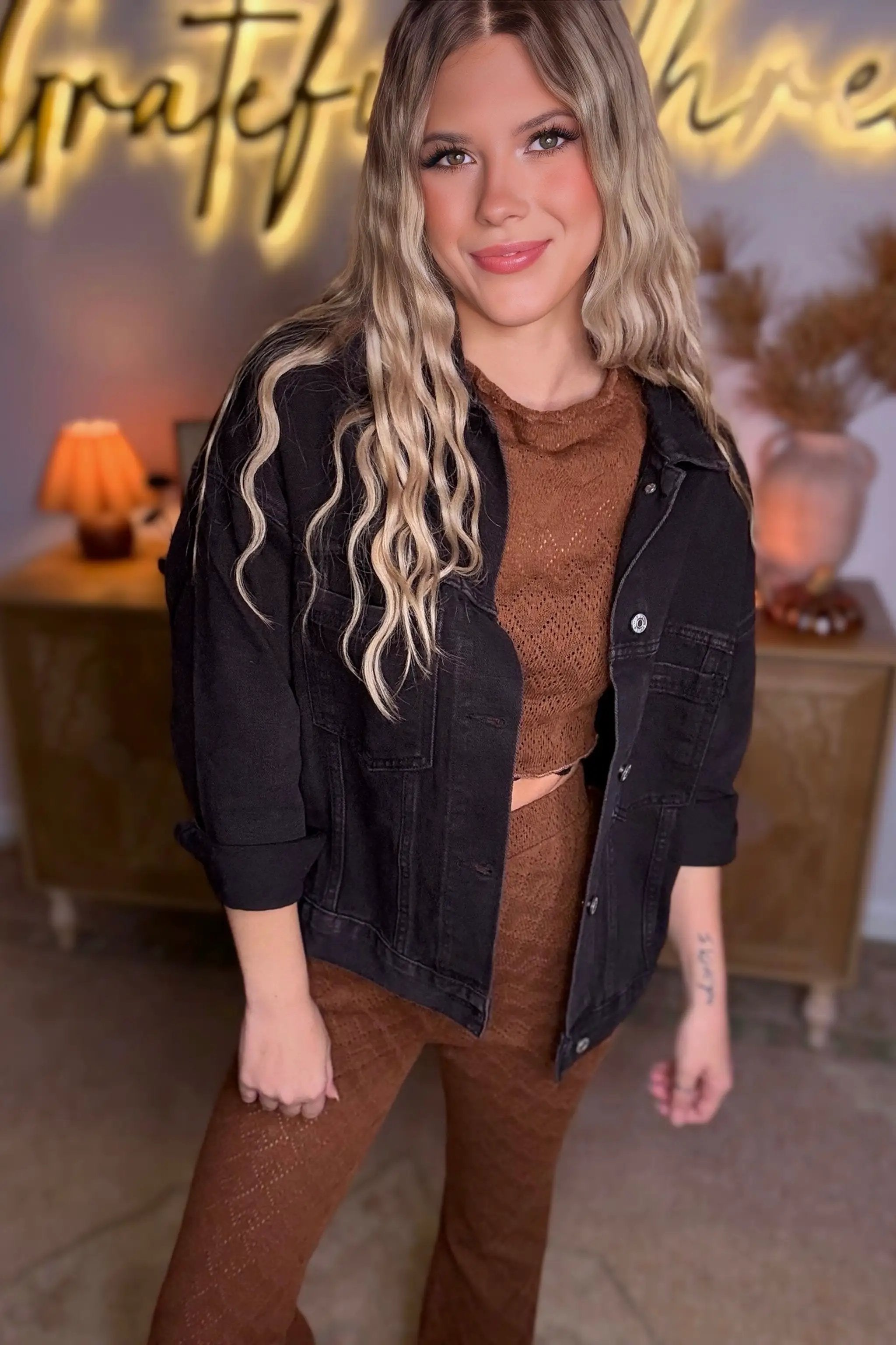 Grateful Threads Boutique Black Oversized Pocketed Denim Jacket - Trucker Jackets Black Denim Jacket