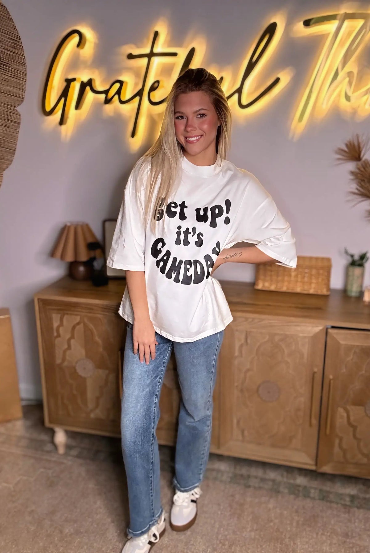 Grateful Threads Boutique White Get Up & Game Day Tee - T-Shirts Beige GAME DAY Slogan Printed Oversize T Shirt