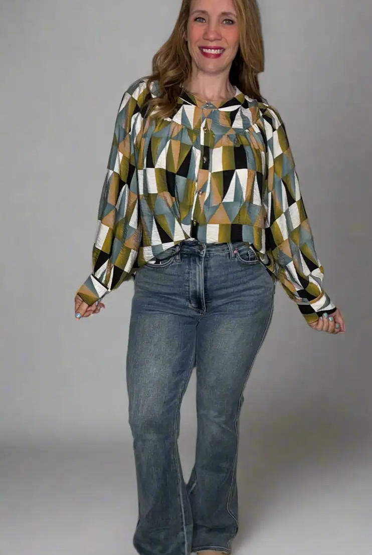 Grateful Threads Boutique Green Geometric Print Buttoned Ballooned Sleeve Blouse - Blouses