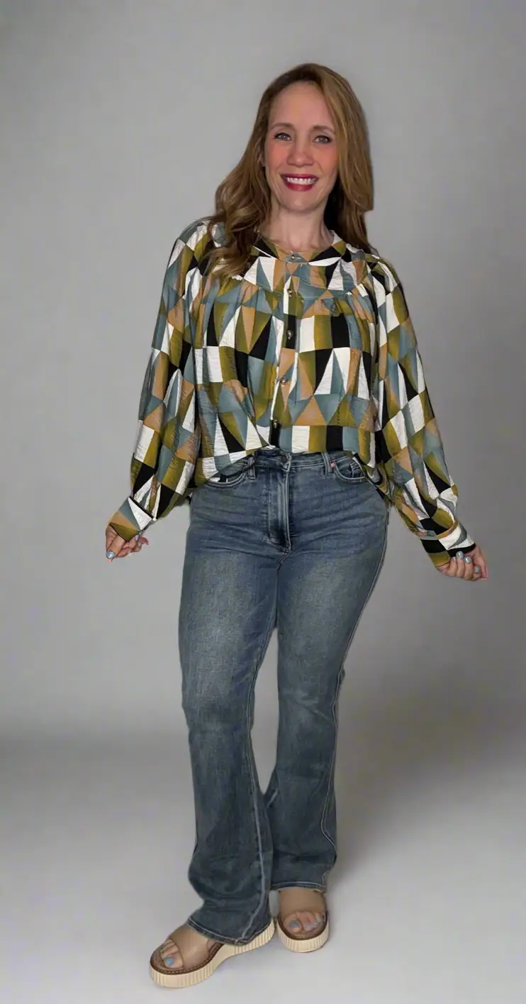 Grateful Threads Boutique Green Geometric Print Buttoned Ballooned Sleeve Blouse - Blouses