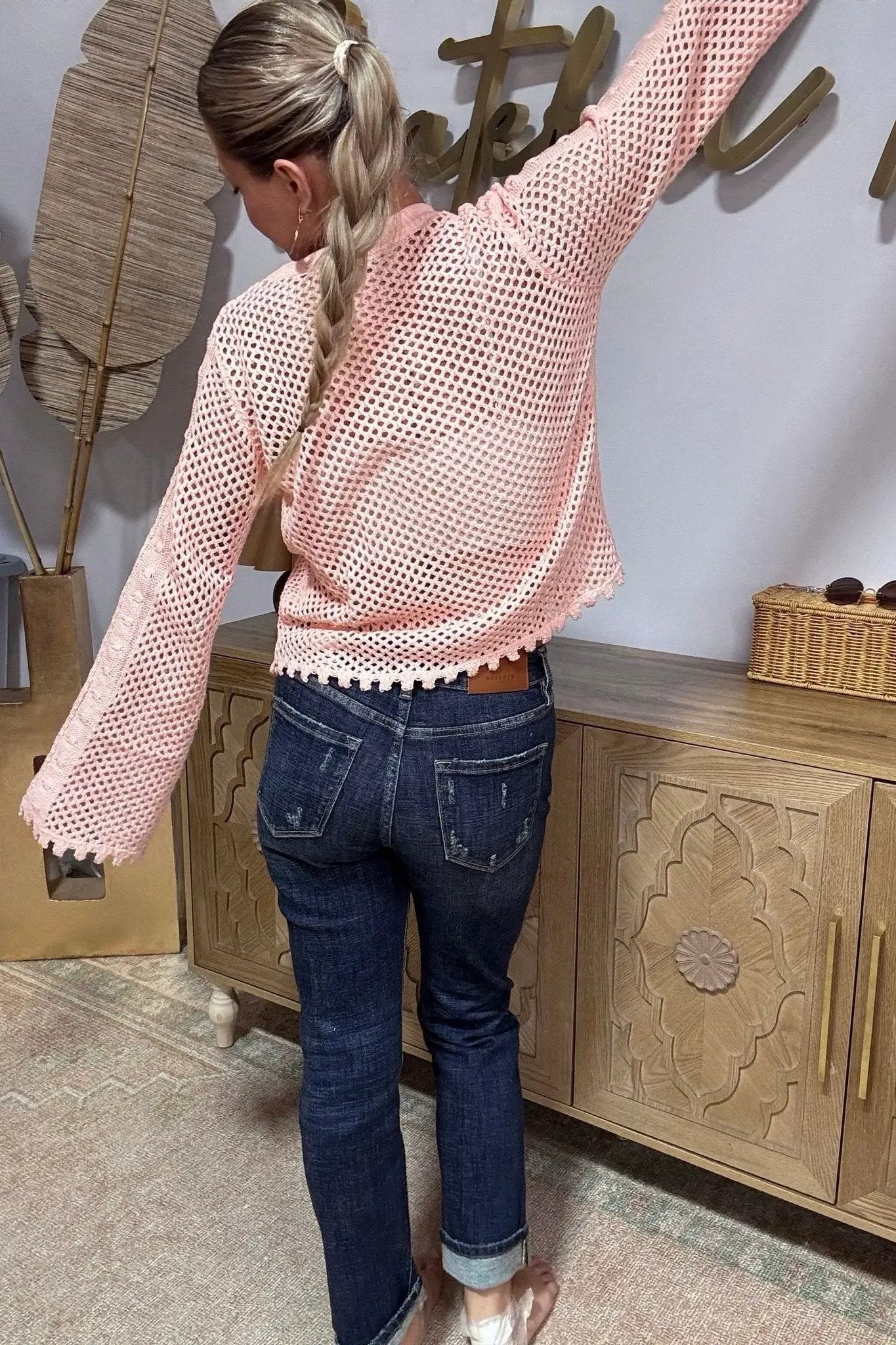Grateful Threads Boutique Pink Hollowed Eyelets Knit Bell Sleeve Sweater - Sweaters Pink Hollowed Eyelets Knit Bell Sleeve Sweater