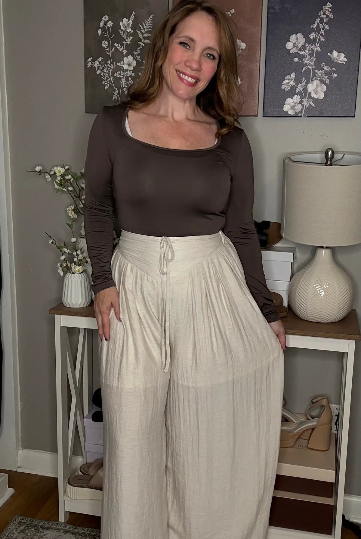 Grateful Threads Boutique Beige Drawstring Waist Pleated Wide Leg Casual Pants - Pants drawstring waist wide leg pants