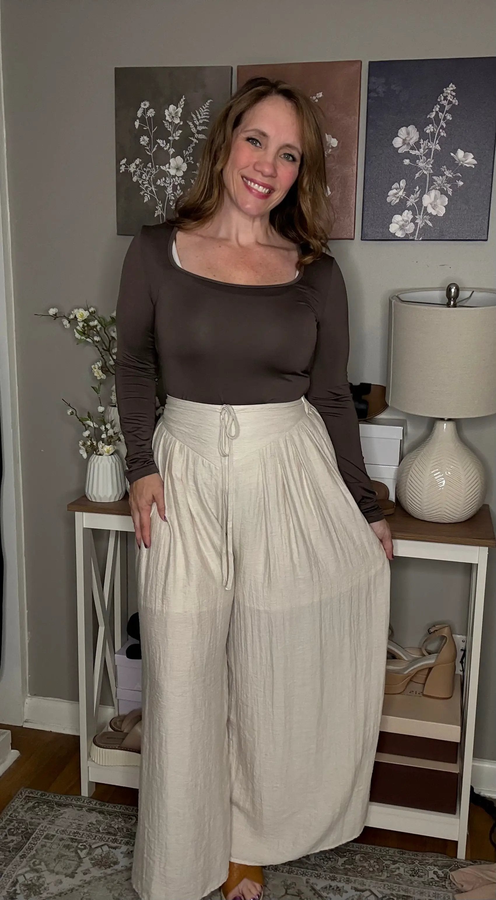 Grateful Threads Boutique Beige Drawstring Waist Pleated Wide Leg Casual Pants - Pants drawstring waist wide leg pants