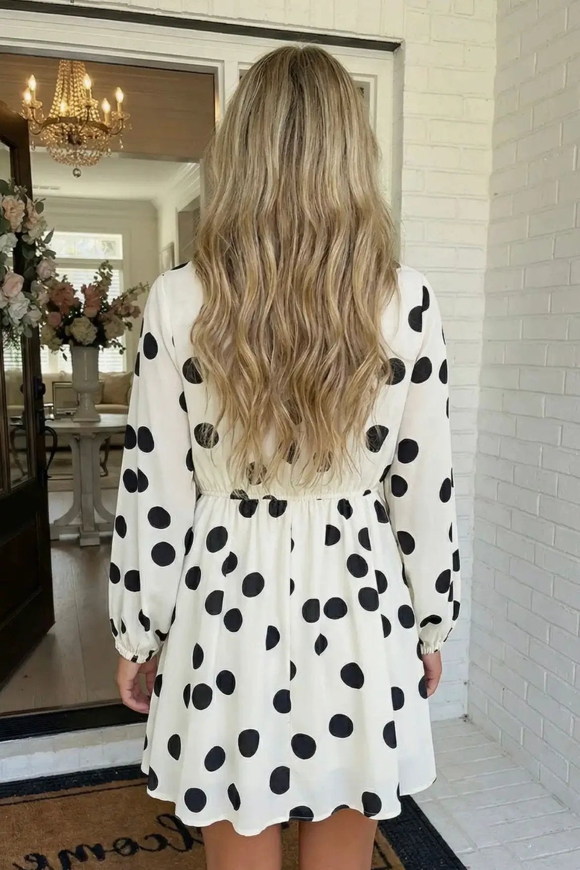 Grateful Threads Boutique Beige Polka Dot Printed Suplice V-Neck Puff Sleeve Mini Dress - Dresses polka dot v neck puff sleeve dress