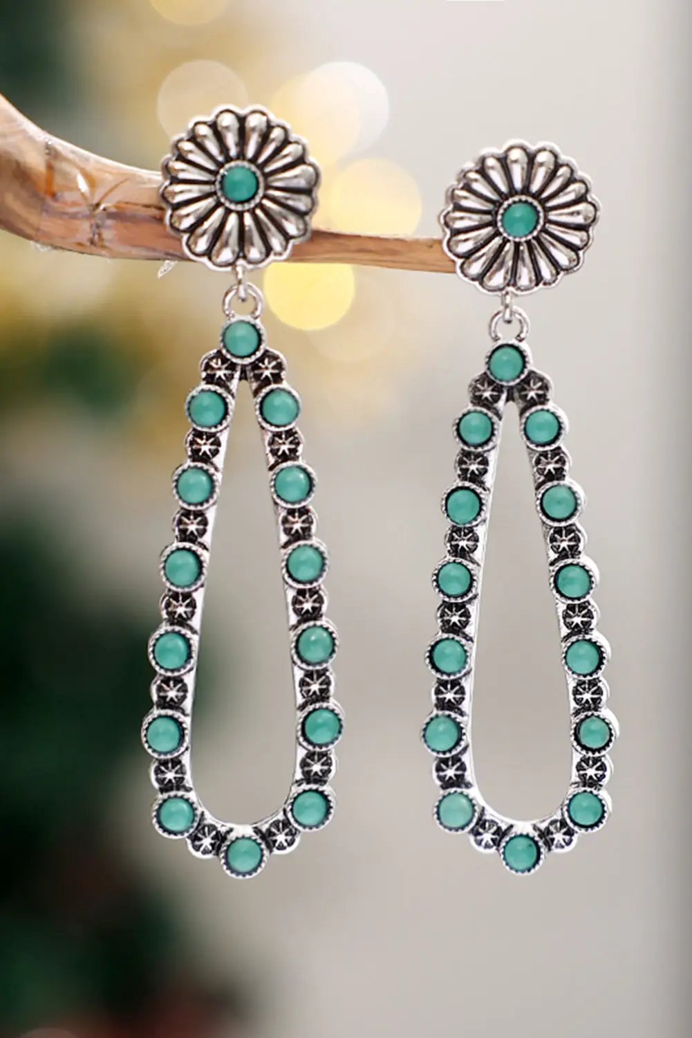 Grateful Threads Boutique Silver Flower Turquoise Western Fashion Earrings - Earrings Silver Flower Turquoise Western Fashion Earrings