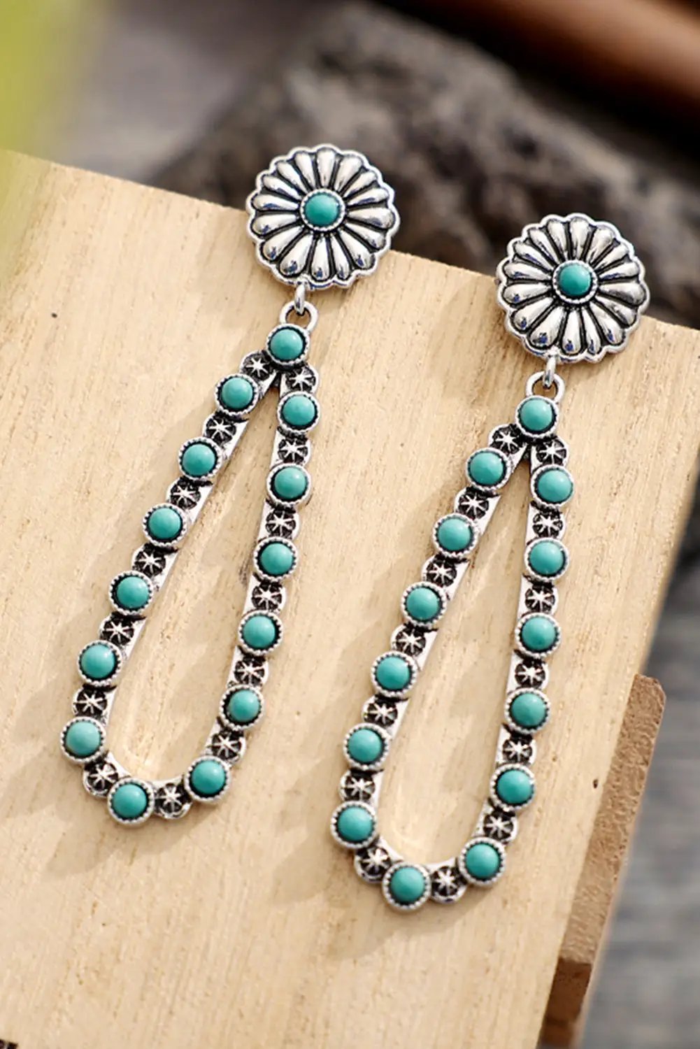 Grateful Threads Boutique Silver Flower Turquoise Western Fashion Earrings - Earrings Silver Flower Turquoise Western Fashion Earrings