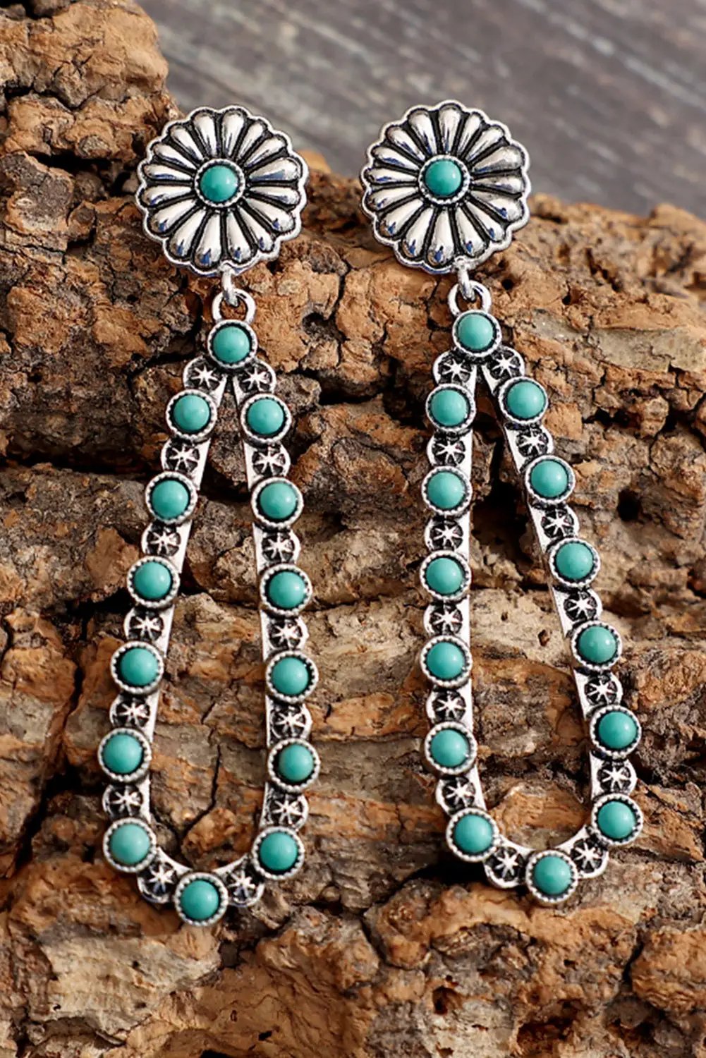 Grateful Threads Boutique Silver Flower Turquoise Western Fashion Earrings - Earrings Silver Flower Turquoise Western Fashion Earrings