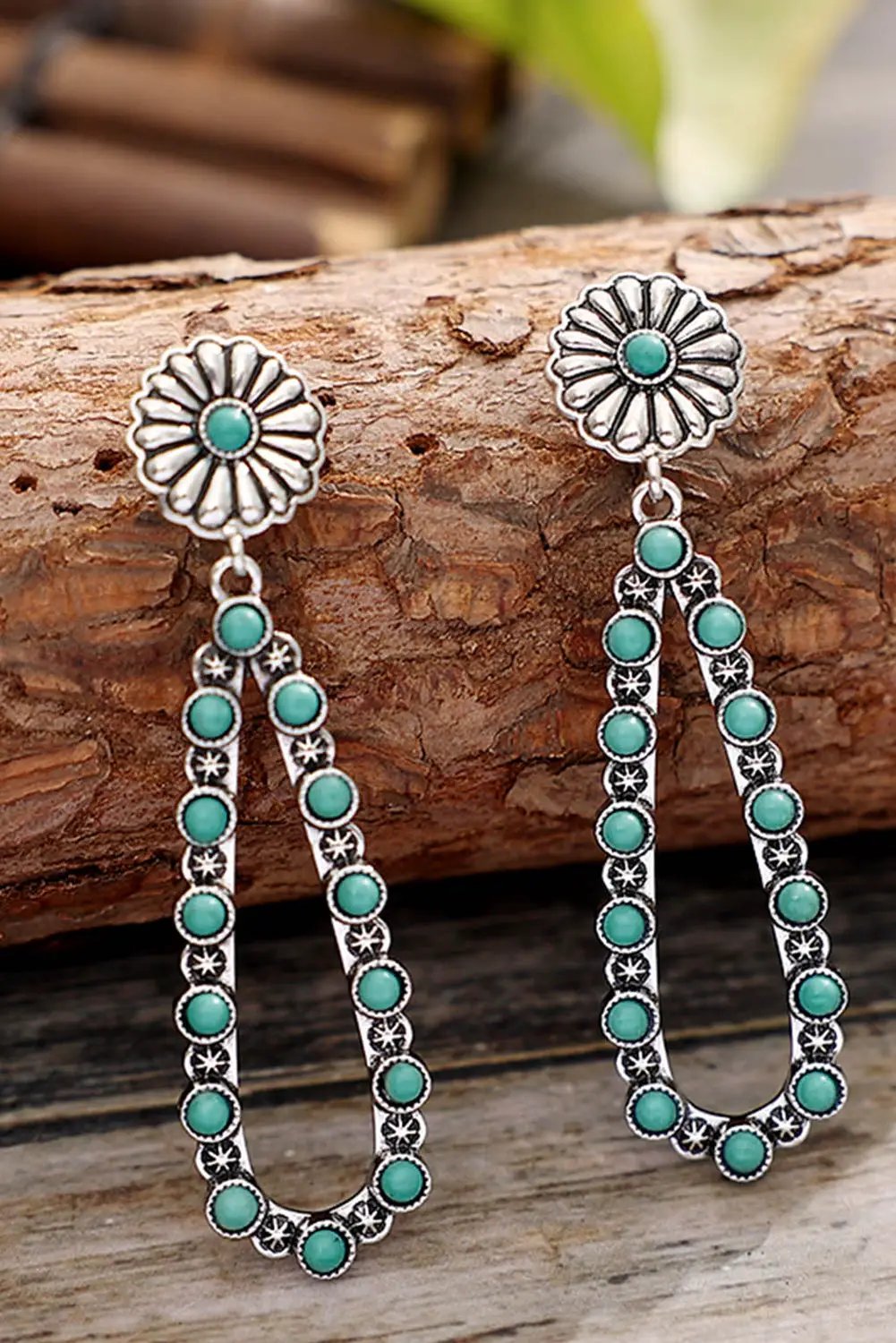 Grateful Threads Boutique Silver Flower Turquoise Western Fashion Earrings - Earrings Silver Flower Turquoise Western Fashion Earrings