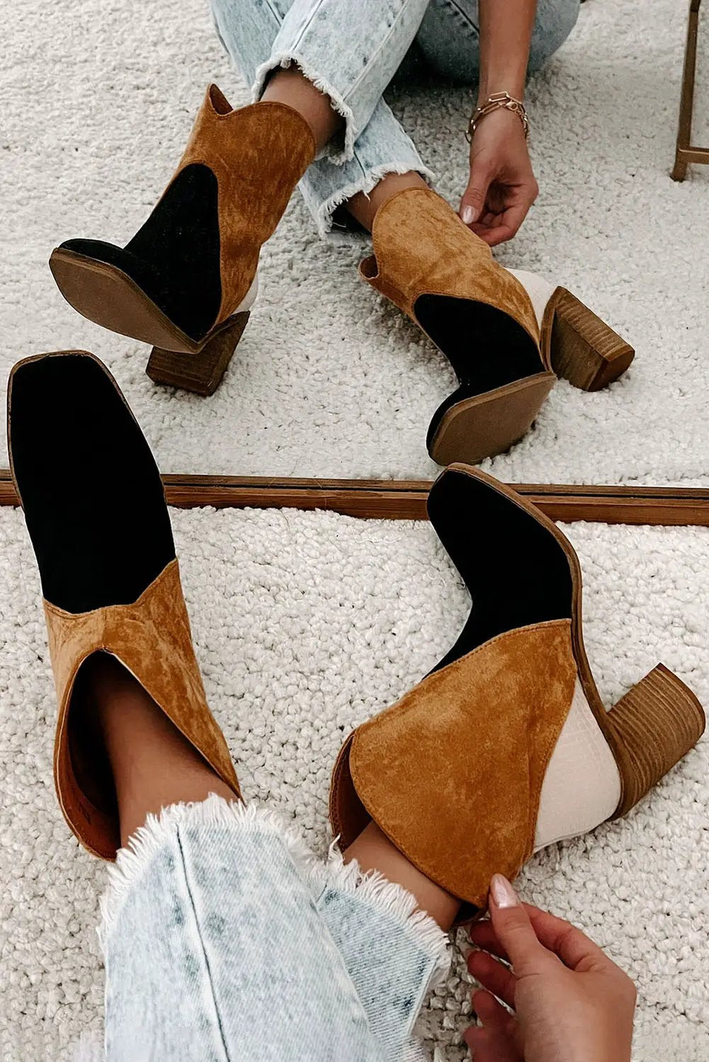 Grateful Threads Boutique Black Colorblock Suede Heeled Ankle Booties - Boots
