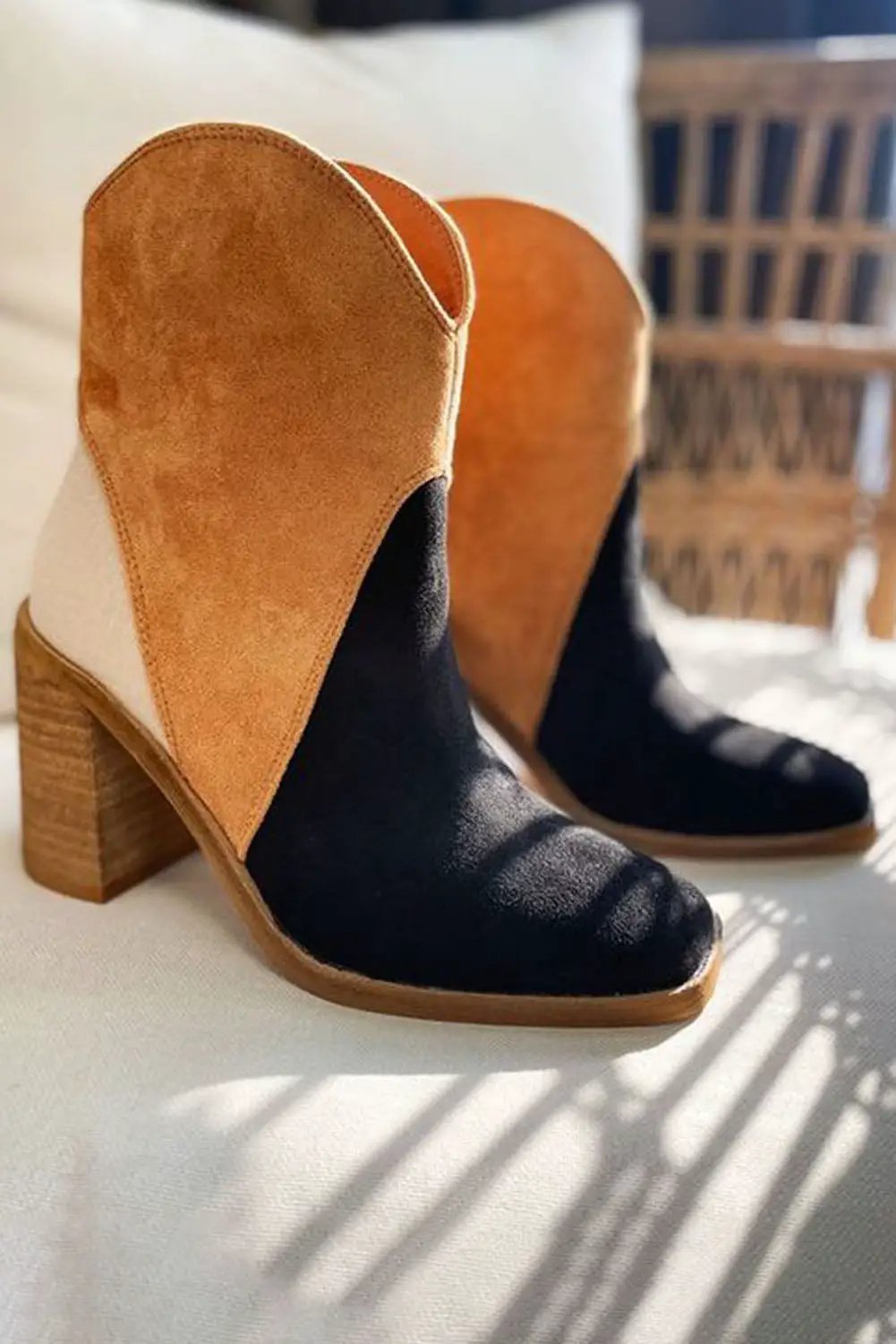 Grateful Threads Boutique Black Colorblock Suede Heeled Ankle Booties - Boots