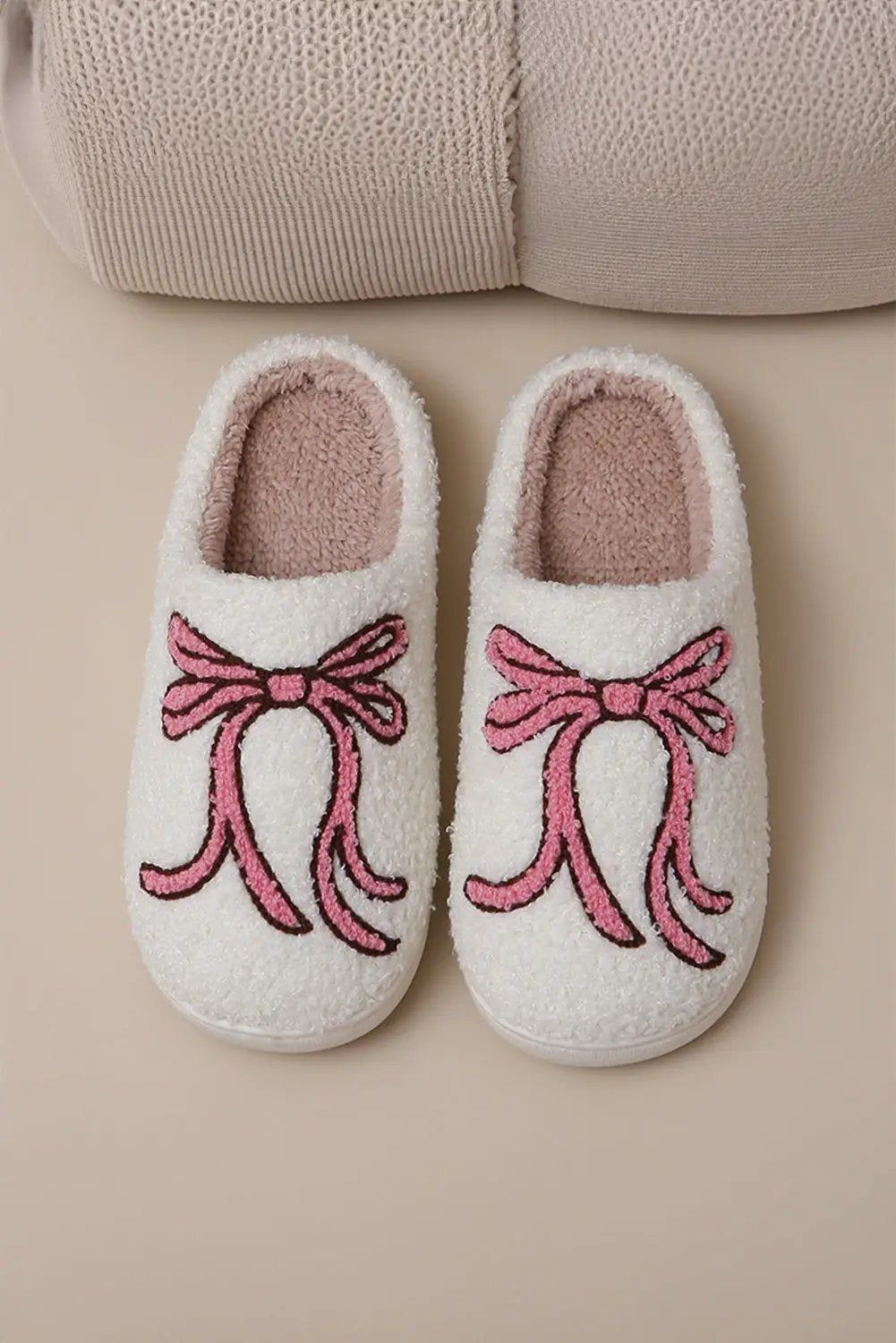 Grateful Threads Boutique White Bow Knot Plush Warm Slippers - Slippers