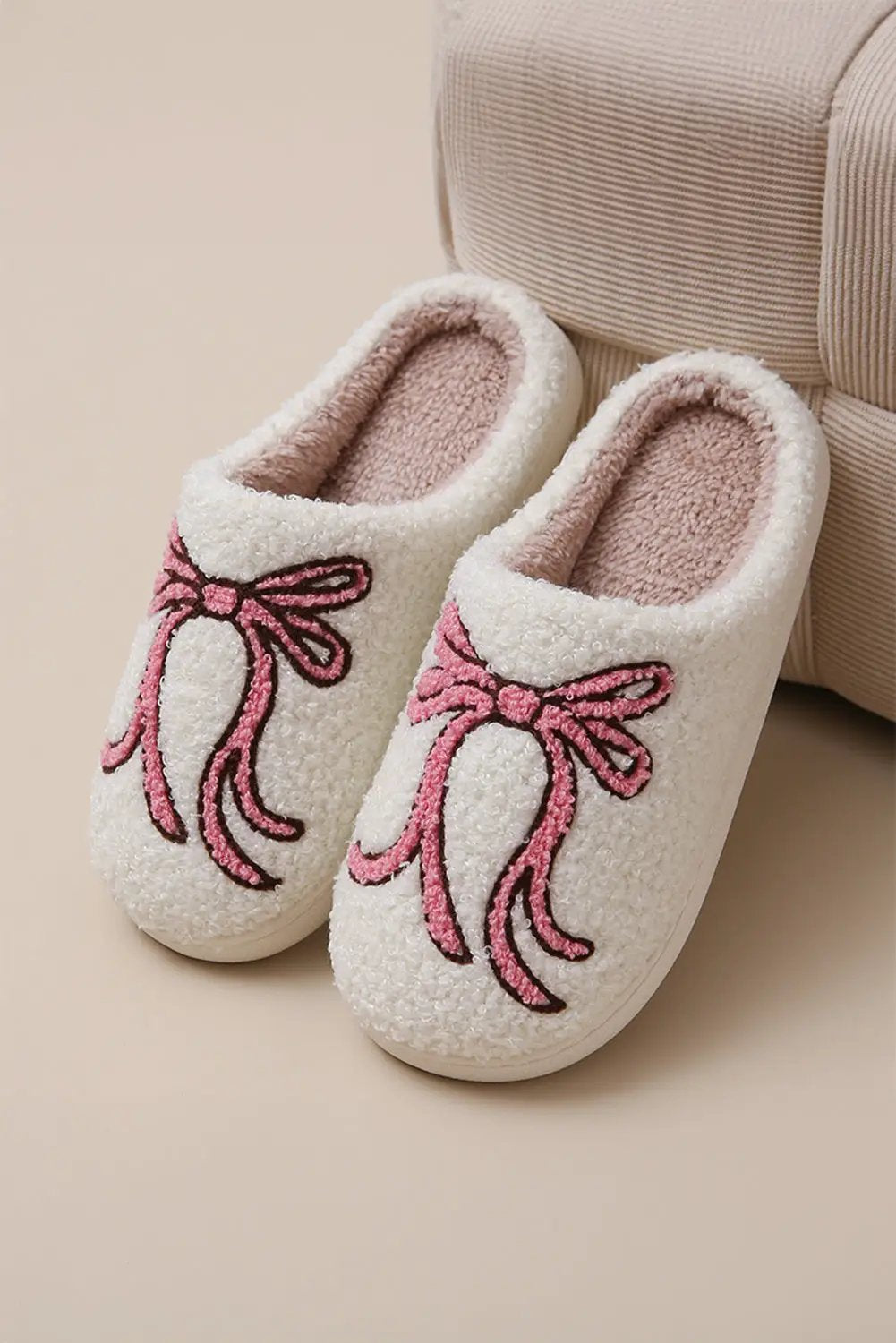 Grateful Threads Boutique White Bow Knot Plush Warm Slippers - Slippers