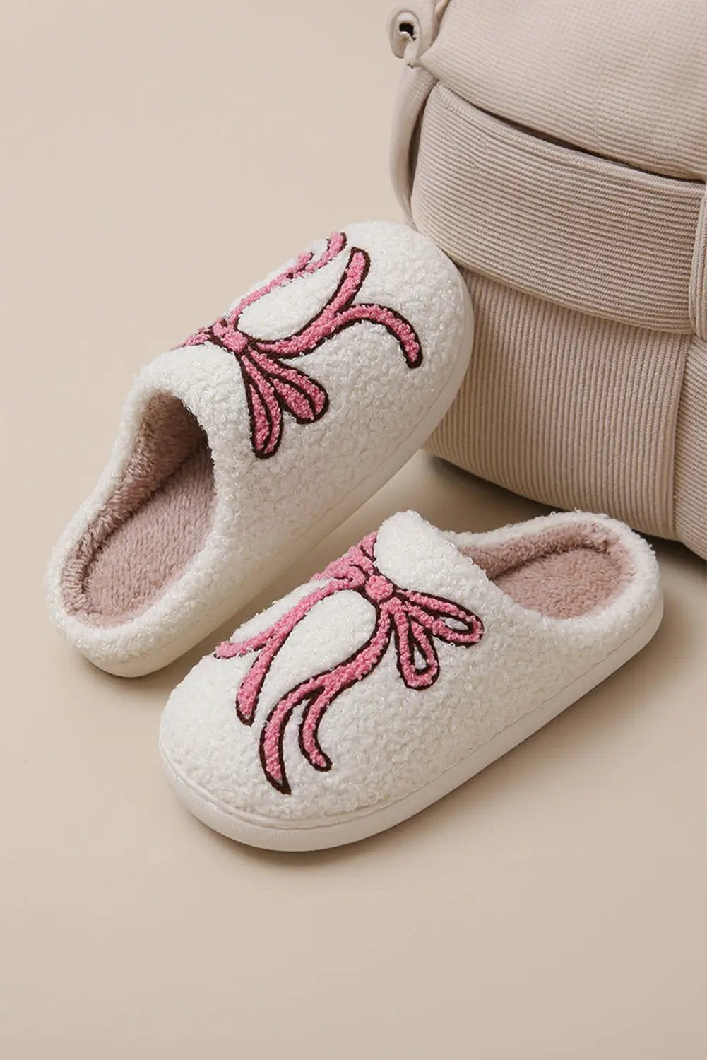 Grateful Threads Boutique White Bow Knot Plush Warm Slippers - Slippers