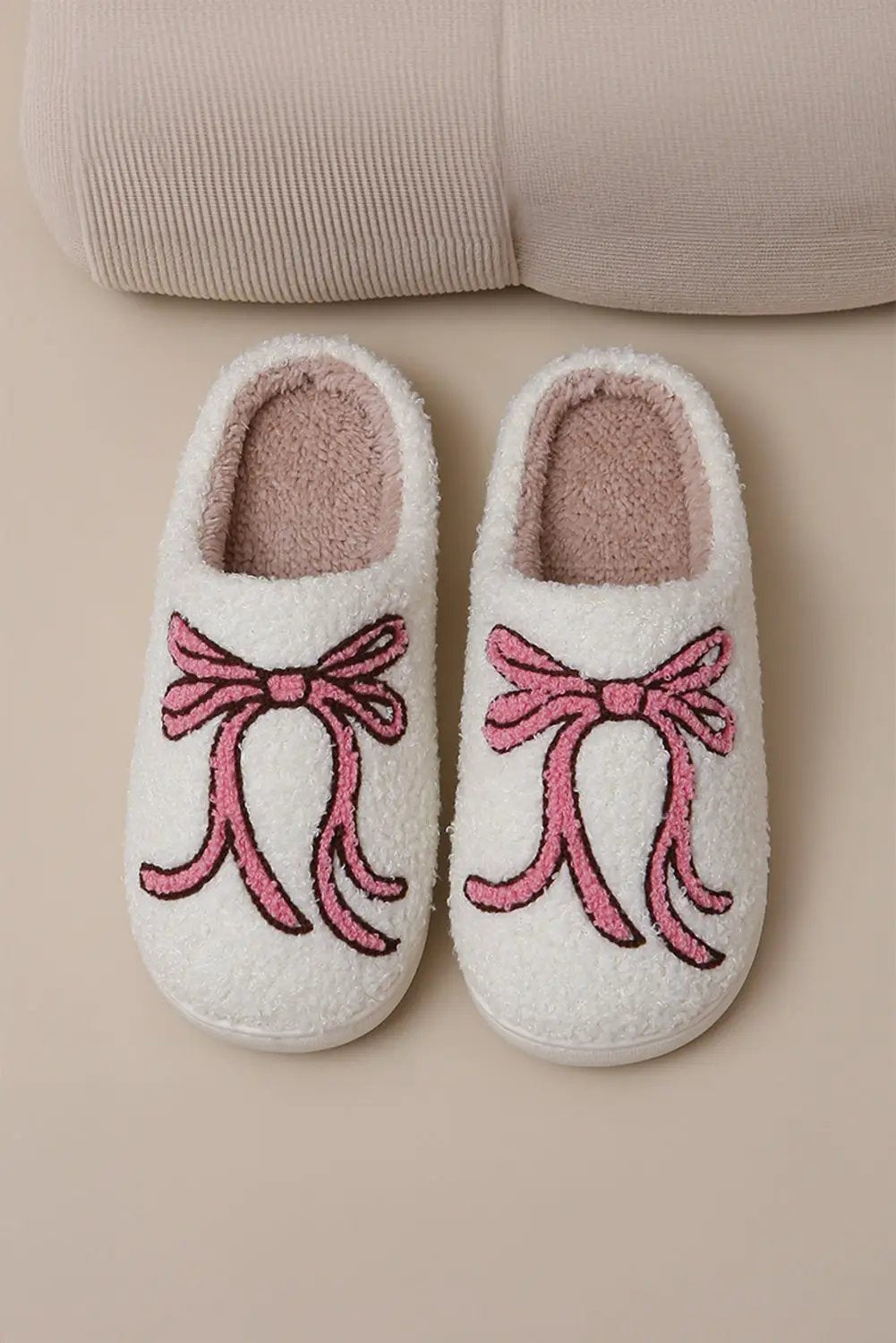 Grateful Threads Boutique White Bow Knot Plush Warm Slippers - Slippers