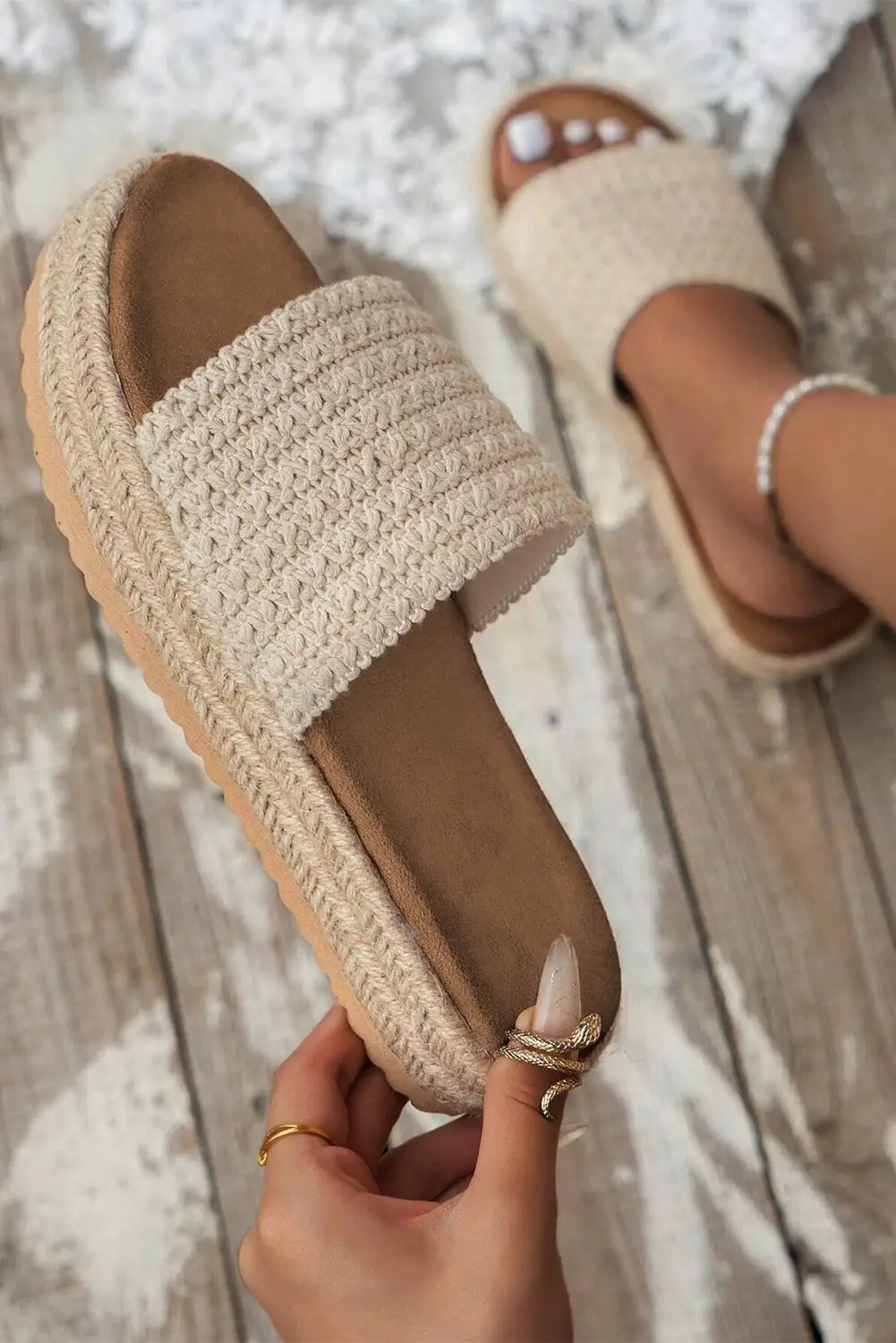 Grateful Threads Boutique White Boho Woven Non-Slip Wedge Slippers – Trendy Comfort - Slippers White Boho Woven Non-Slip Wedge Slippers