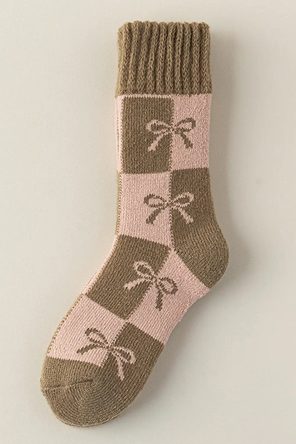Grateful Threads Boutique Sage Green Checkered Bowknot Printed Thermal Mid Calf Socks - Crew Socks socks