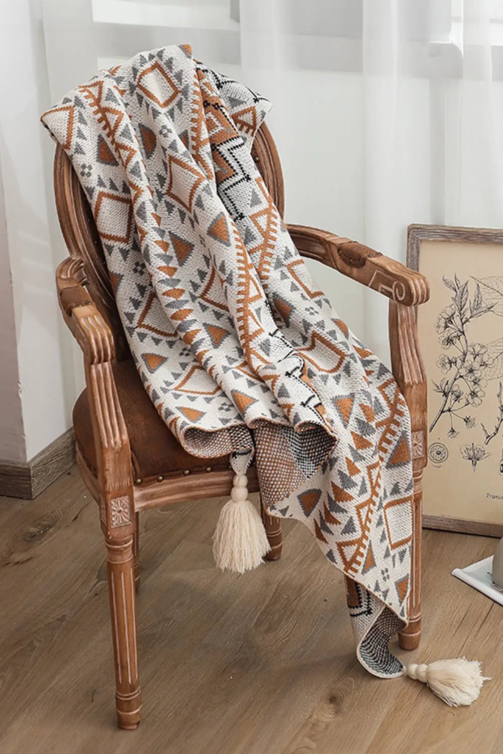 Grateful Threads Boutique Sierra Sands Boho Tassel Throw Blanket - Blankets Parchment Geometric Pattern Knit Bohemian Tassel Blanket