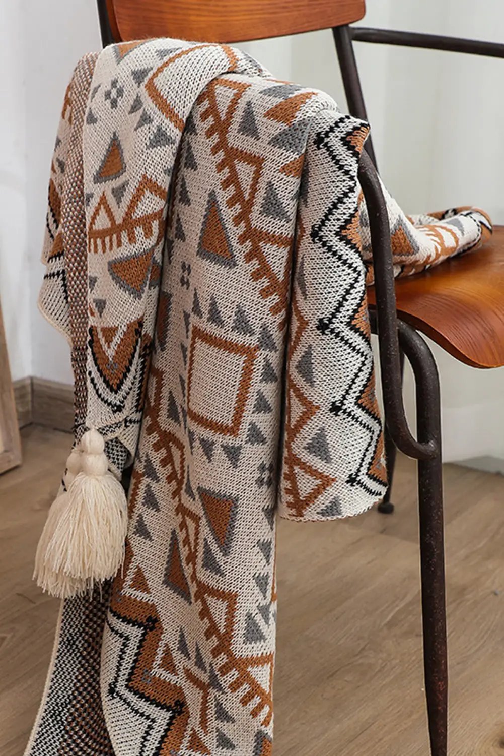 Grateful Threads Boutique Sierra Sands Boho Tassel Throw Blanket - Blankets Parchment Geometric Pattern Knit Bohemian Tassel Blanket