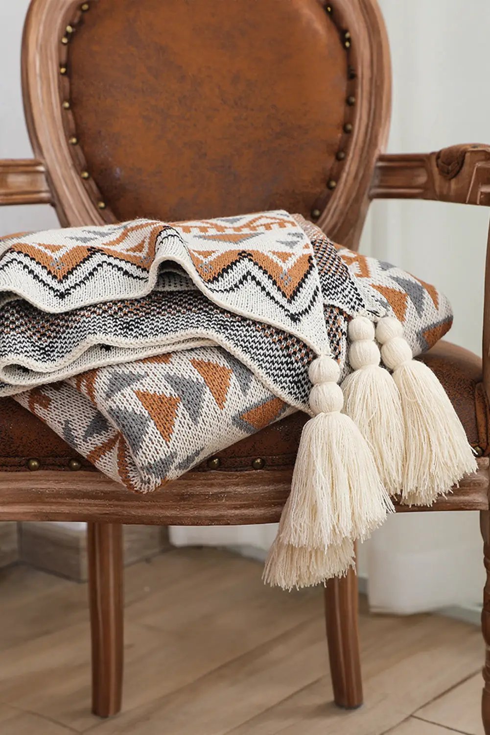 Grateful Threads Boutique Sierra Sands Boho Tassel Throw Blanket - Blankets Parchment Geometric Pattern Knit Bohemian Tassel Blanket