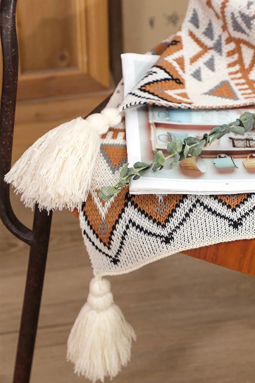 Grateful Threads Boutique Sierra Sands Boho Tassel Throw Blanket - Blankets Parchment Geometric Pattern Knit Bohemian Tassel Blanket