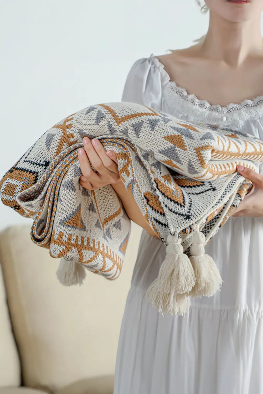 Grateful Threads Boutique Sierra Sands Boho Tassel Throw Blanket - Blankets Parchment Geometric Pattern Knit Bohemian Tassel Blanket