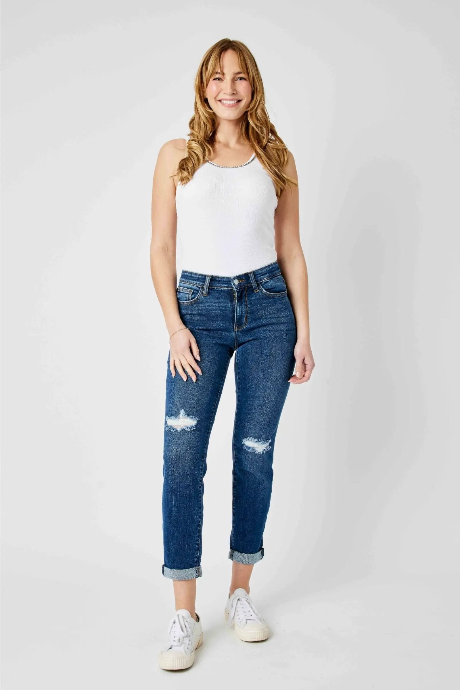Judy Blue Judy Blue Mid Rise Destroyed Slim Fitting Denim Blue Jeans - Jeans Judy Blue Mid Rise Destroyed Slim Fitting Denim Blue Jeans